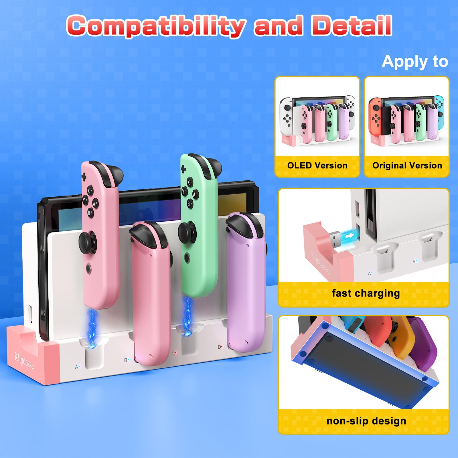 Base di ricarica per Joy-con compatibile con Nintendo Switch e OLED, stazione base di ricarica per Nintendo Switch con indicatore, supporto di ricarica per 4 maniglie Joycon