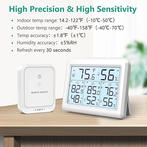 Miniatura 5 de ORIA Higrómetro digital para interiores y exteriores, monitor de humedad de temperatura inalámbrico mejorado con 3 sensores, termómetro higrómetro