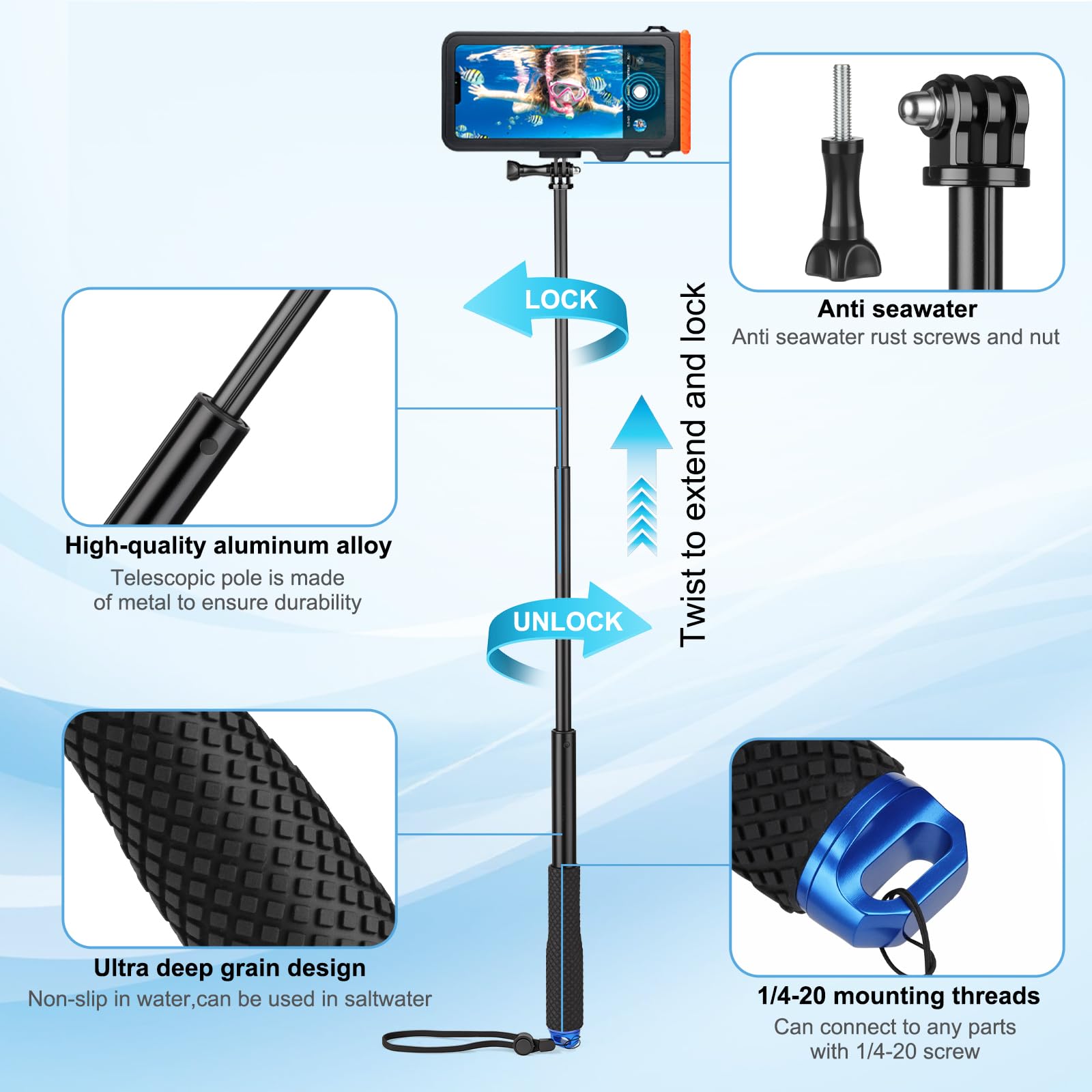 ShellBox wasserdichte Selfie Stick with wasserdichte Handyhülle Set Unterwasser Wasserfeste Handyhülle Schwimmen Baden Tauchen Surfen Bootfahren Compatible iPhone 16e 16 15 14 13 Pro Max Samsung S25