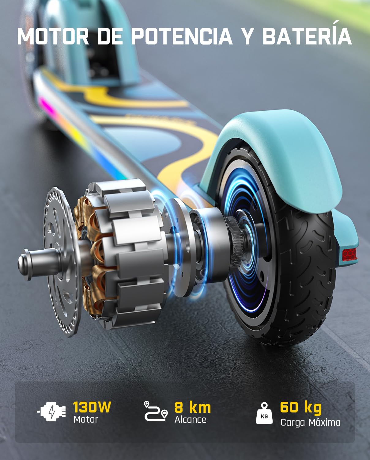 FanttikRide C9 Pro Patinete Eléctrico Niño 1,2-1,6 m, Luces Arcoíris, Velocidades 8/13/16 km/h, Alcance 8 km, Pantalla LED, Altura Ajustable, Plegable, Máxima de Carga 60 kg