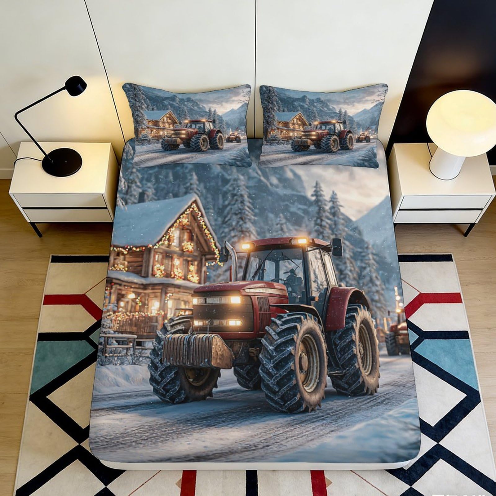 Uynsixtme Style-1 3D Printed Tractor Snow Scene Fitted Sheet Microfiber Deep Pocket Full Wrap Bedding For Adults Teens Tractor Mattress Fitted Cover Non-Slip Machine Washable 200X200x25cm