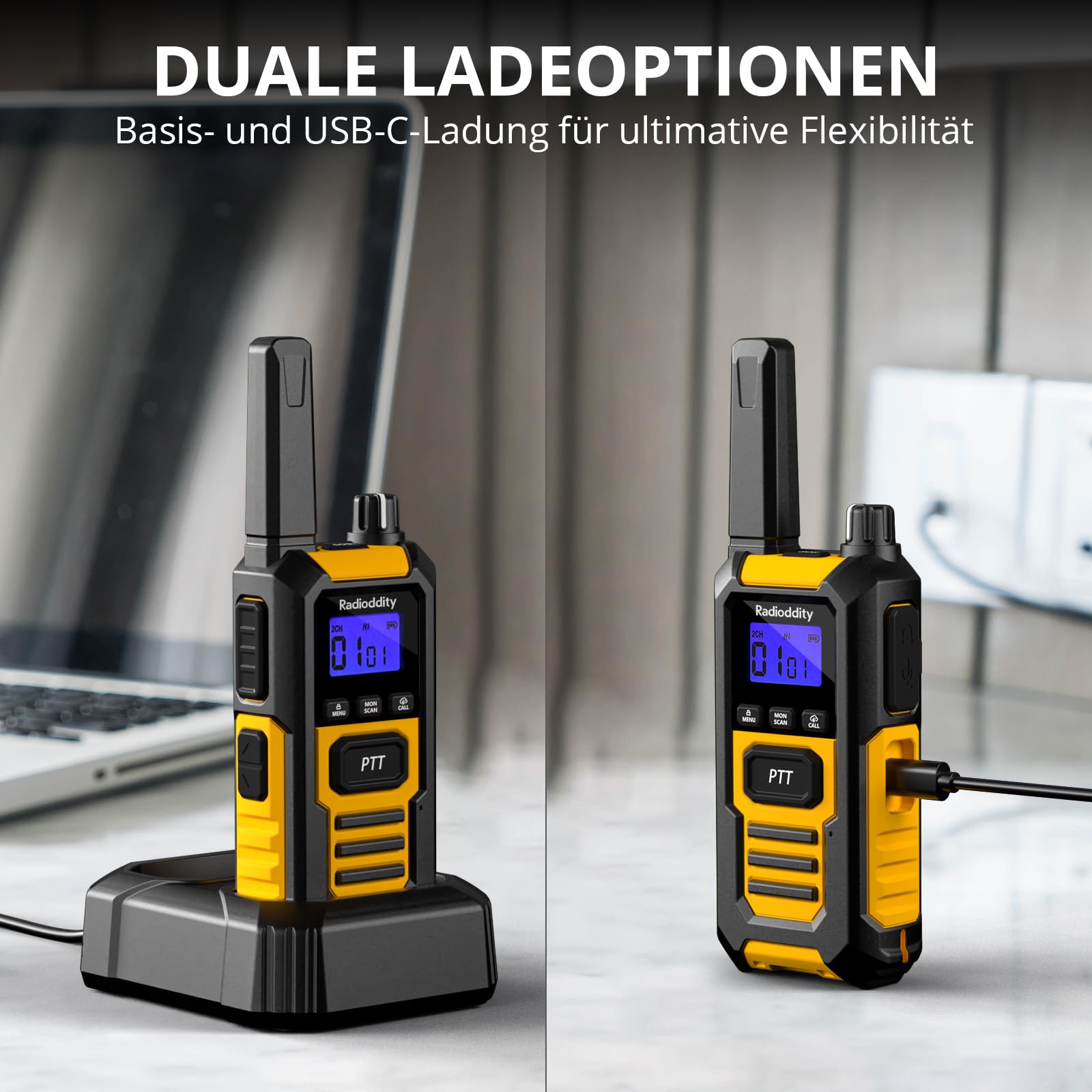 Radioddity HD-1 Funkgerät Set, Walkie Talkie wasserdicht IP67, Robuste PMR, staubdicht stoßfest mit EIN-Tasten-Gruppenruf, Vibrationsalarm, SOS, Dual PTT, Basis- und USB-C-Ladung (2 Stück, gelb)