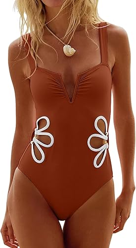 seamoly One Piece Swimsuit Women Cute Slimming Floral Cut Out Color Block Bathin
