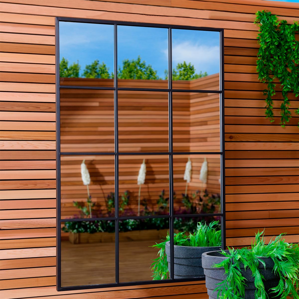 CHARLES BENTLEY Large, Garden, Industrial, Window Mirror, Accessory, Feature, Matte Finish, Weather Resistant, Wall Mounted, Rust Proof, Black, 4 Hooks For Hanging, 12.5kg (120x80x2.5cm)