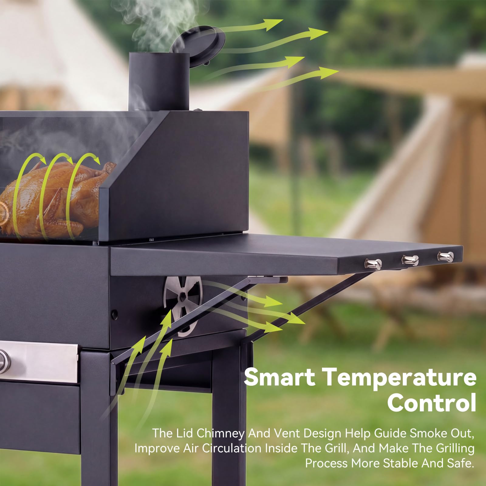 Barbecue a carbone con coperchio e copertura, Grill 2 in 1 compatto per balcone, Termometro integrato, Griglia mantenimento, Protezione esterno e facile da riporre