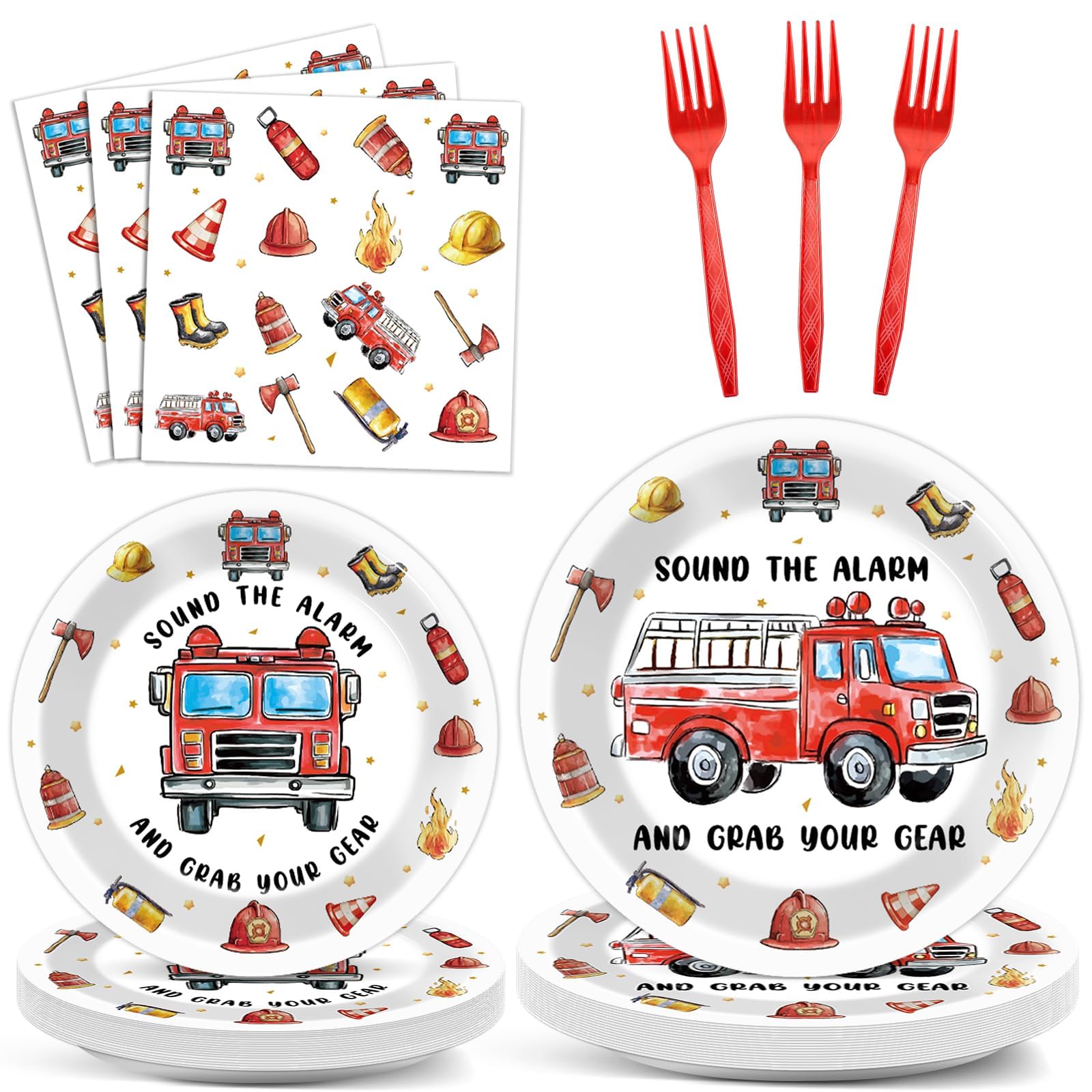 100Pcs Firetruck Birthday Party Decorations Watercolor Firefighter Plates and Napkins Little Blue Truck Birthday Dinnerware Fire Truck Supplies Fireman Tableware for Kids Baby Shower Decor Serves 25
