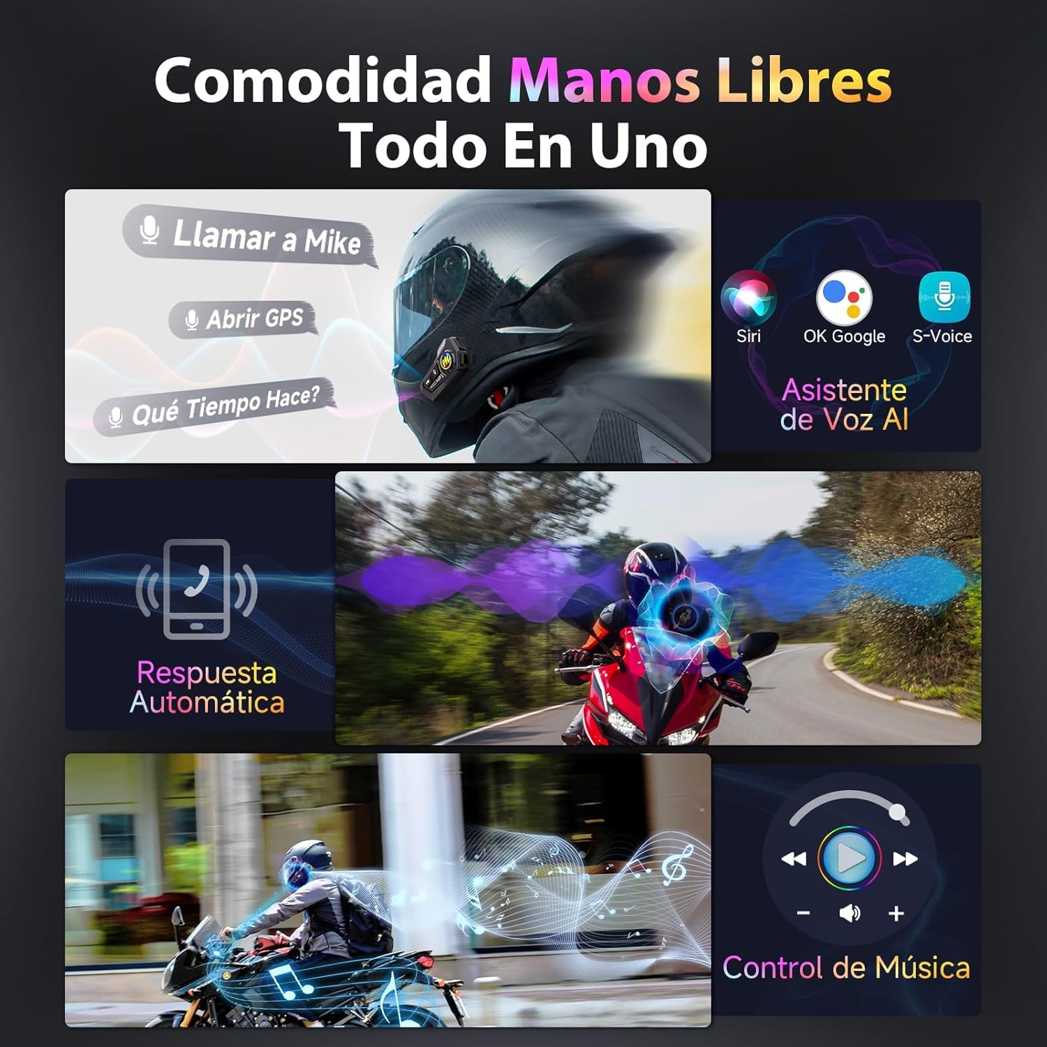 Moman Casco de moto H4P auriculares BT5.1 con altavoces Hi-Fi, doble reducción de ruido RGB/FM/manos libres/AI, control de voz AI, para un solo conductor (negro-H4P)