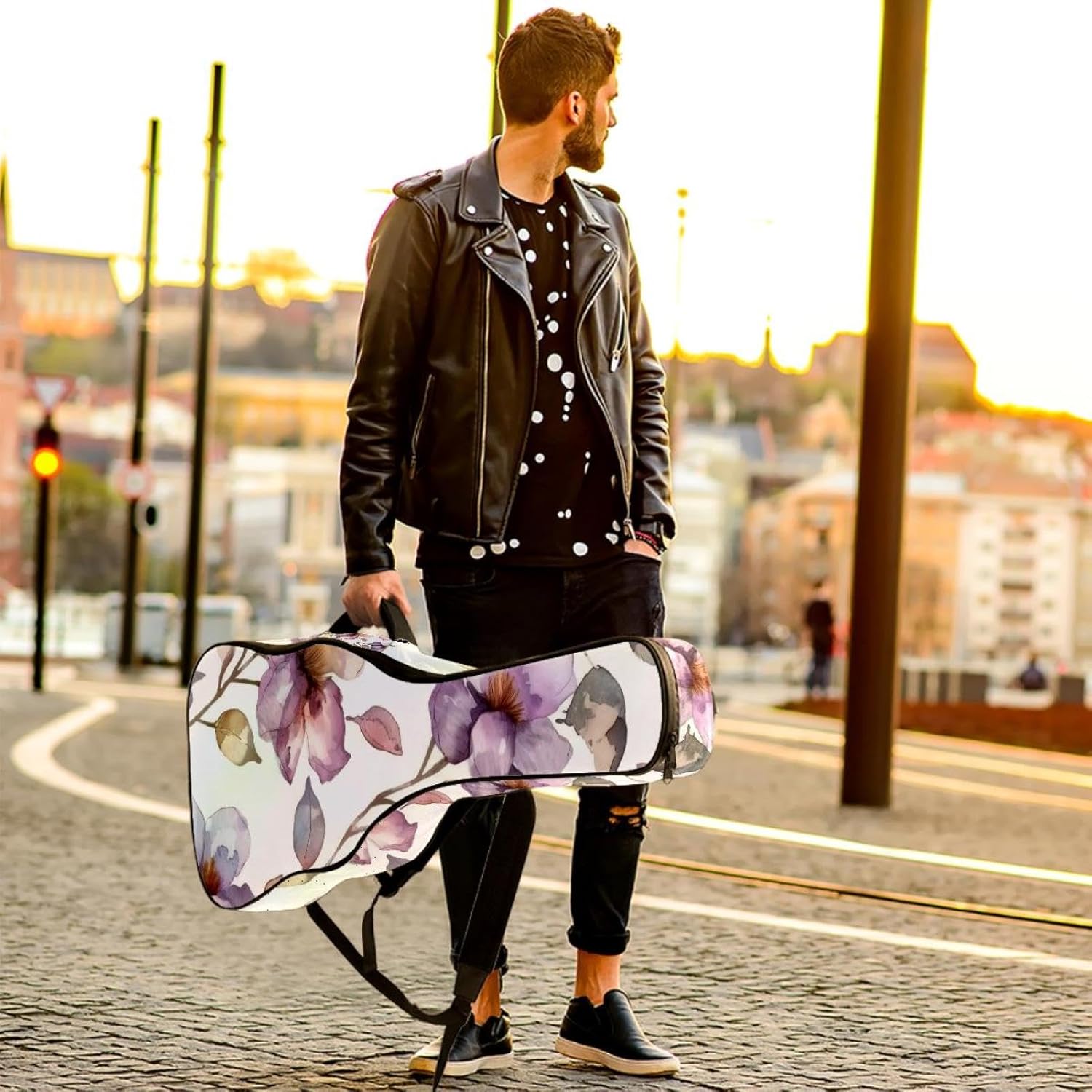 Acoustic Guitar Bag 0.4 Inch Thick Padding Waterproof Guitar Case Gig Bag for 40 41 42 Inch Electric Bass Classical Guitar, Watercolor Delicate Flowers