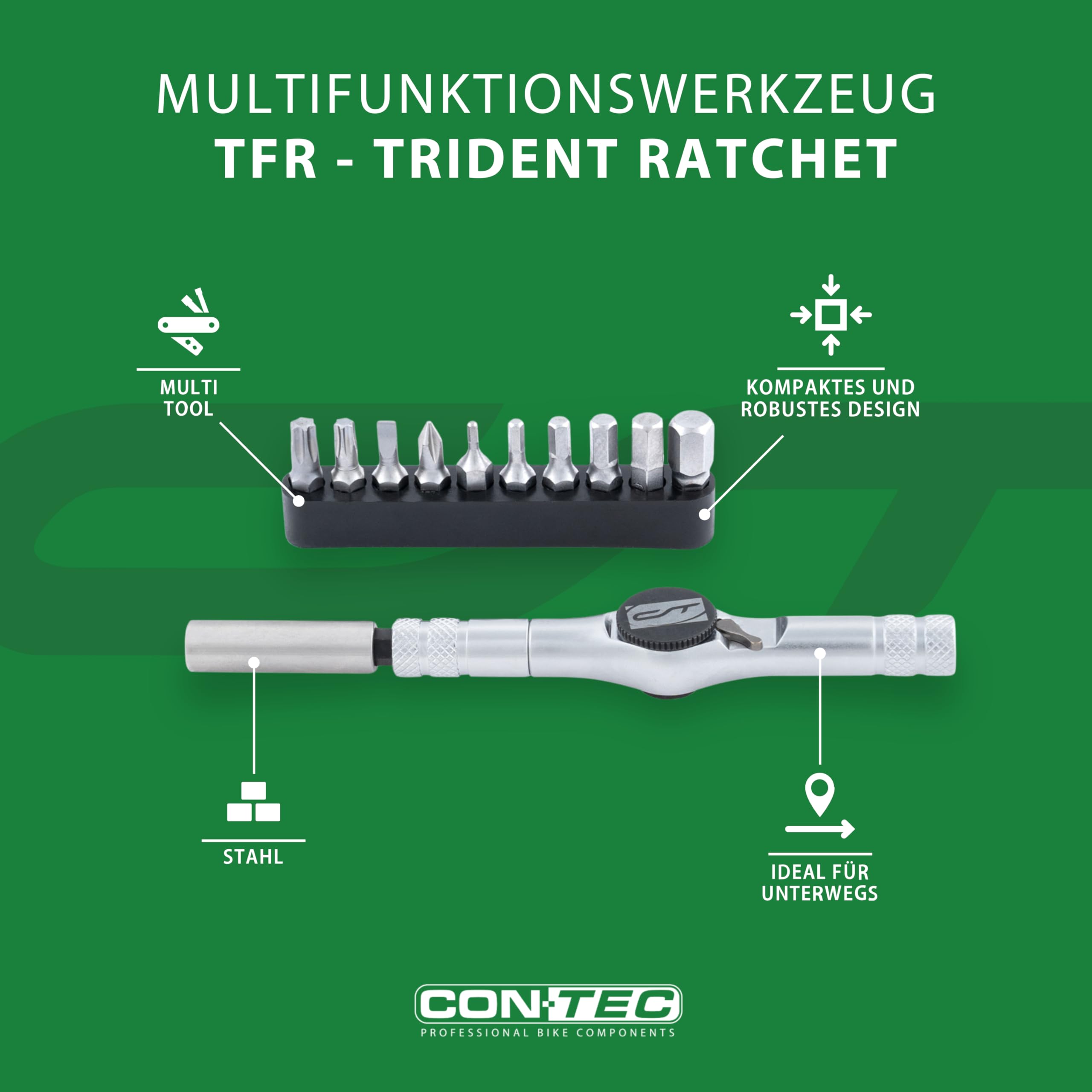 CONTEC Fahrrad-Multitool Trident Ratchet, 10 in 1, Multifunktionswerkzeug, Reparatur Set, Mini-Tool, Multi-Purpose, Innensechskant, Schraubendreher