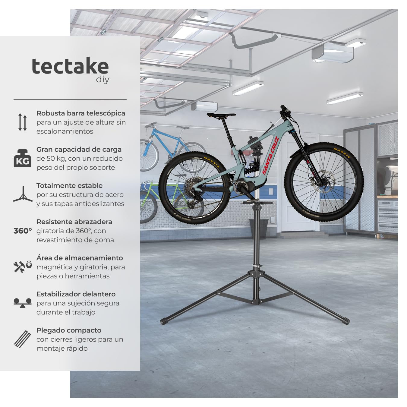 tectake® Soporte Bicicleta Taller, Bandeja Magnética Giratoria, Caballete Bicicleta Plegable, Herramientas Bicicleta Eléctrica Montaña o Carretera, Soporte Taller Bicicleta Ajustable, Carga Max 50 kg