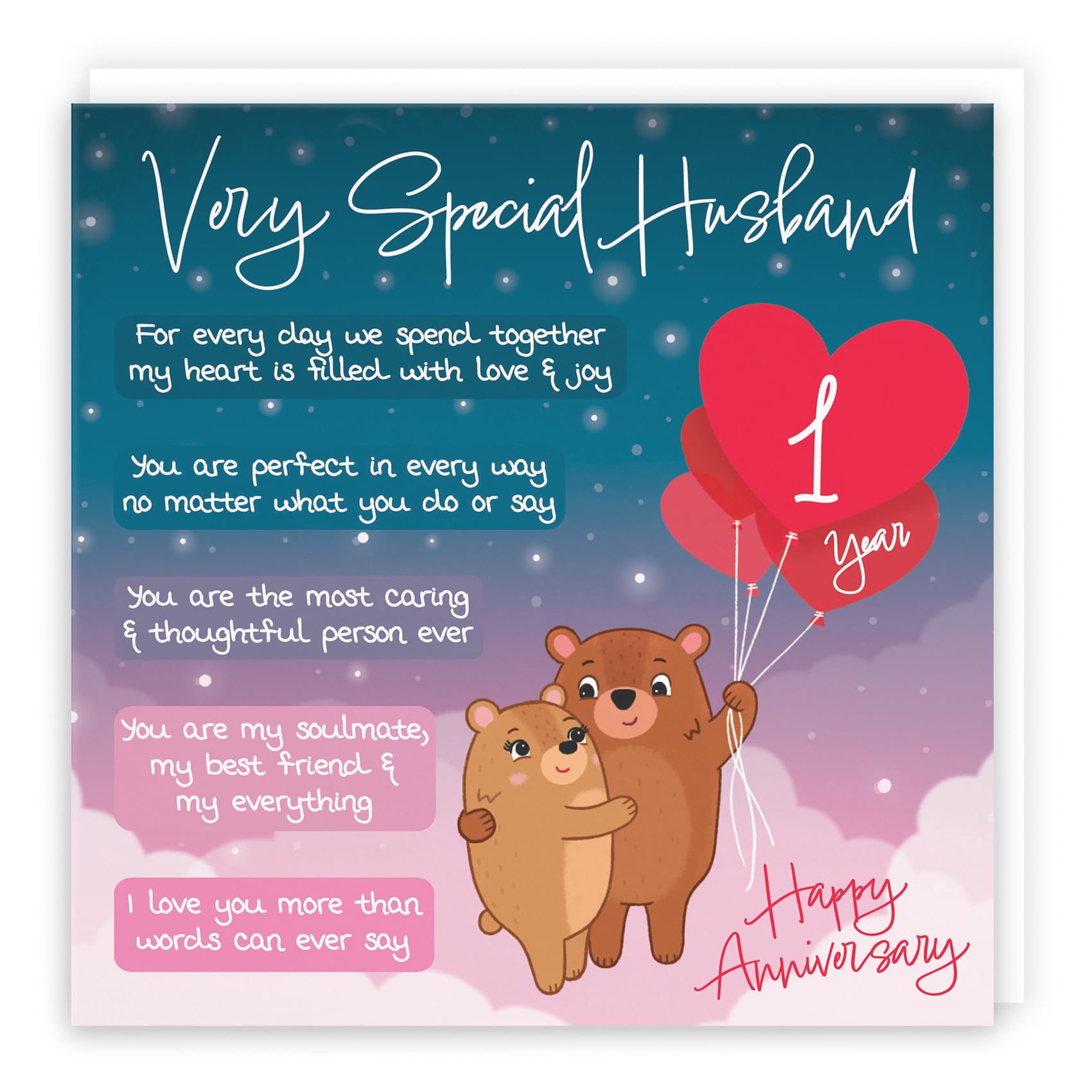 Hunts England - Starry Night 1st Anniversary Card for Husband - Cute Bears & Poem, 1st Husband, Standard (148 x 148 mm)