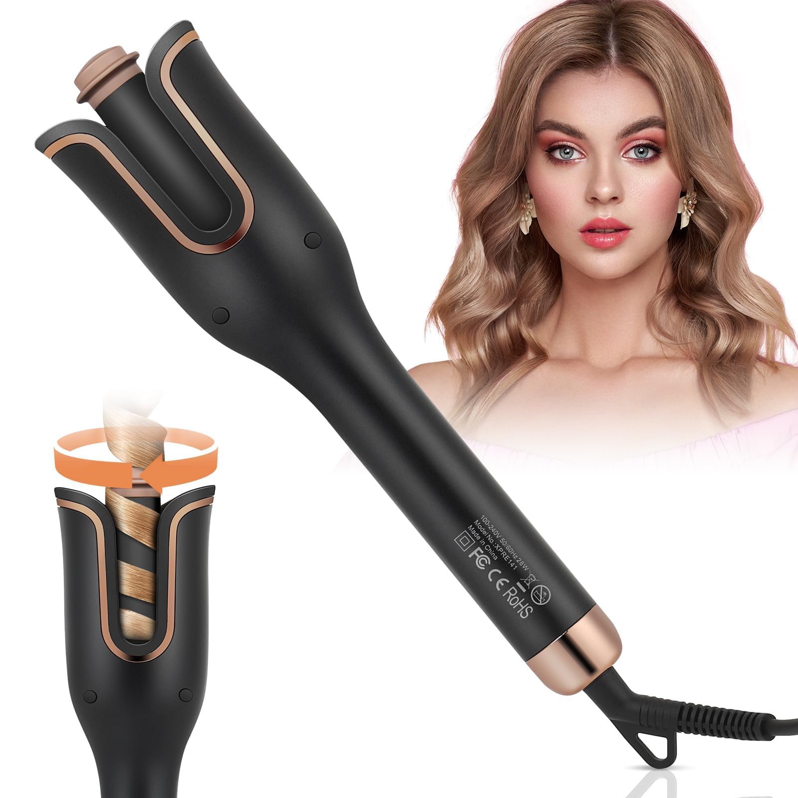 Arricciacapelli Automatico con 4 Temperature Regolabili, Rivestimento in Ceramica, Antiscottatura, Riscaldamento Rapido, Ferro per Ricci e Onde a Lunga Tenuta