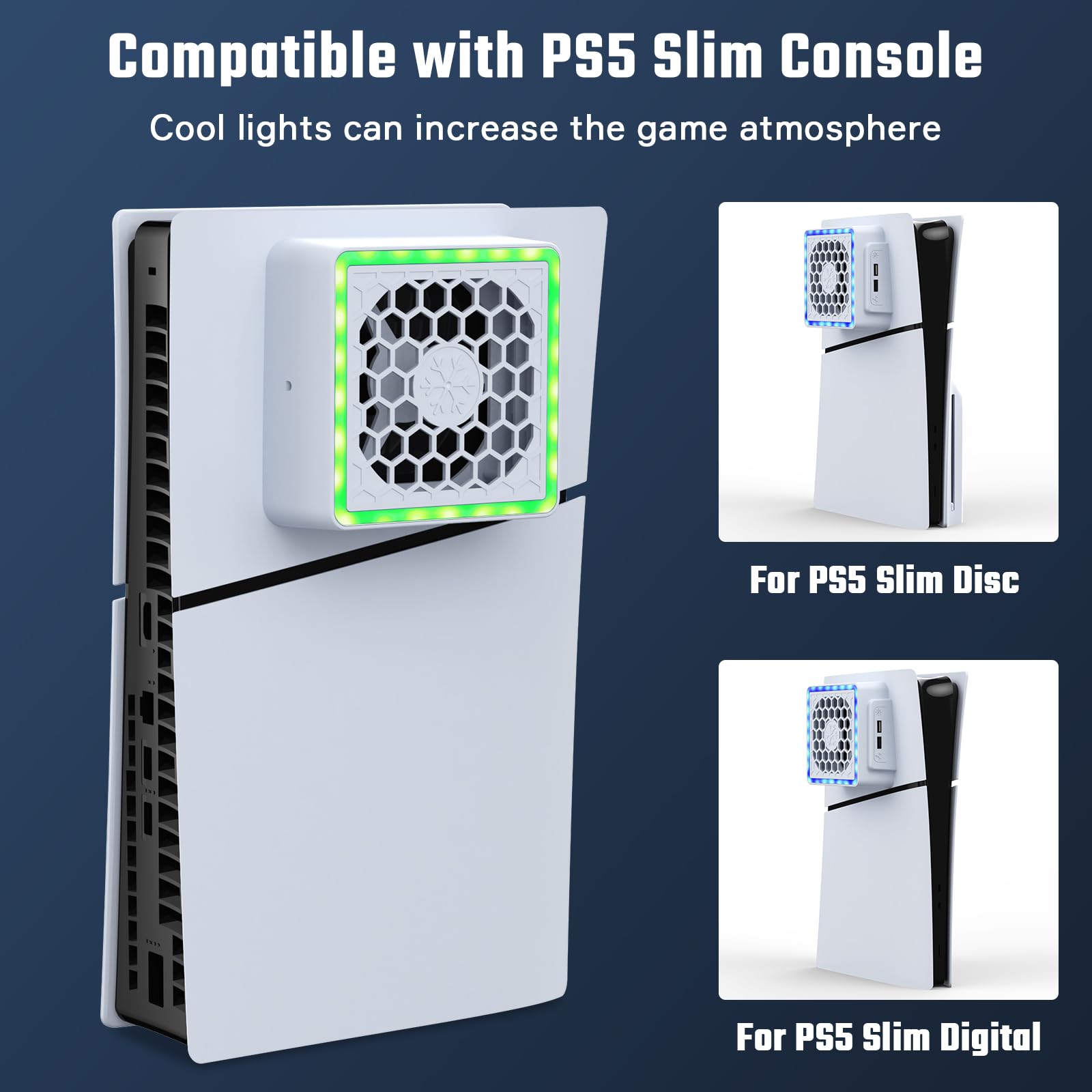 Ventilador de Refrigeración para PS5 Slim, Ventilador para PS5 Slim con 8 Modos RGB, Ajustable de 3 Velocidades, 2 Puertos USB, Estación de Refrigeración para PS5 Slim Disc & Digital Edition