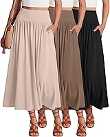 Ficerd 3 Pack Women's Maxi Long Skirts - High Waisted Pleated Flowy A-Line Ankle Length Casual Skirts with Pockets
