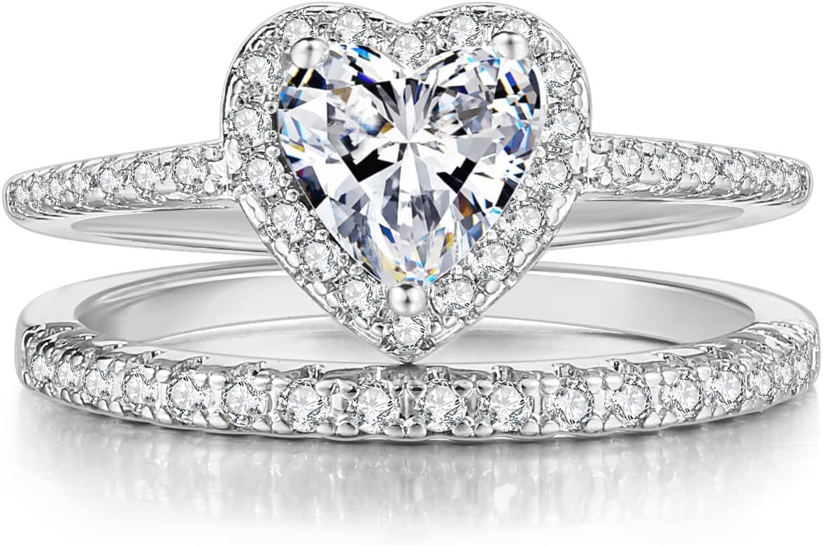 Wedding Ring for Women Two-in-One Love Heart Cubic Zirconia Ring Set 18K White/Rose Gold Plated Engagement Band Set Bridal Promise Wedding Stackable Band Size 5-10
