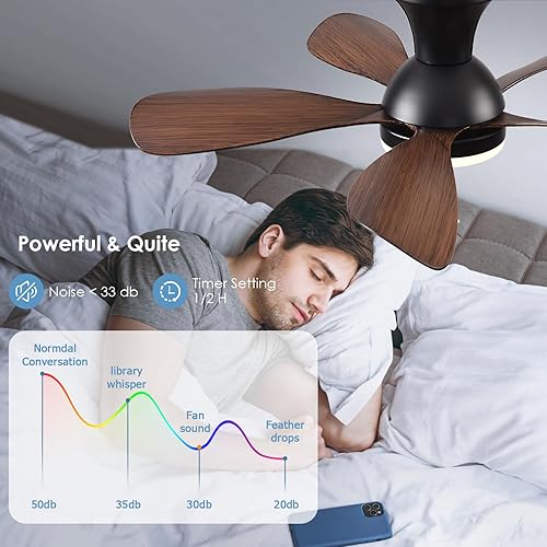Miniatura 9 de Ventiladores de techo de perfil bajo de 33 pulgadas con luces y control remoto, moderno ventilador de techo de montaje empotrado con 5 cuchillas