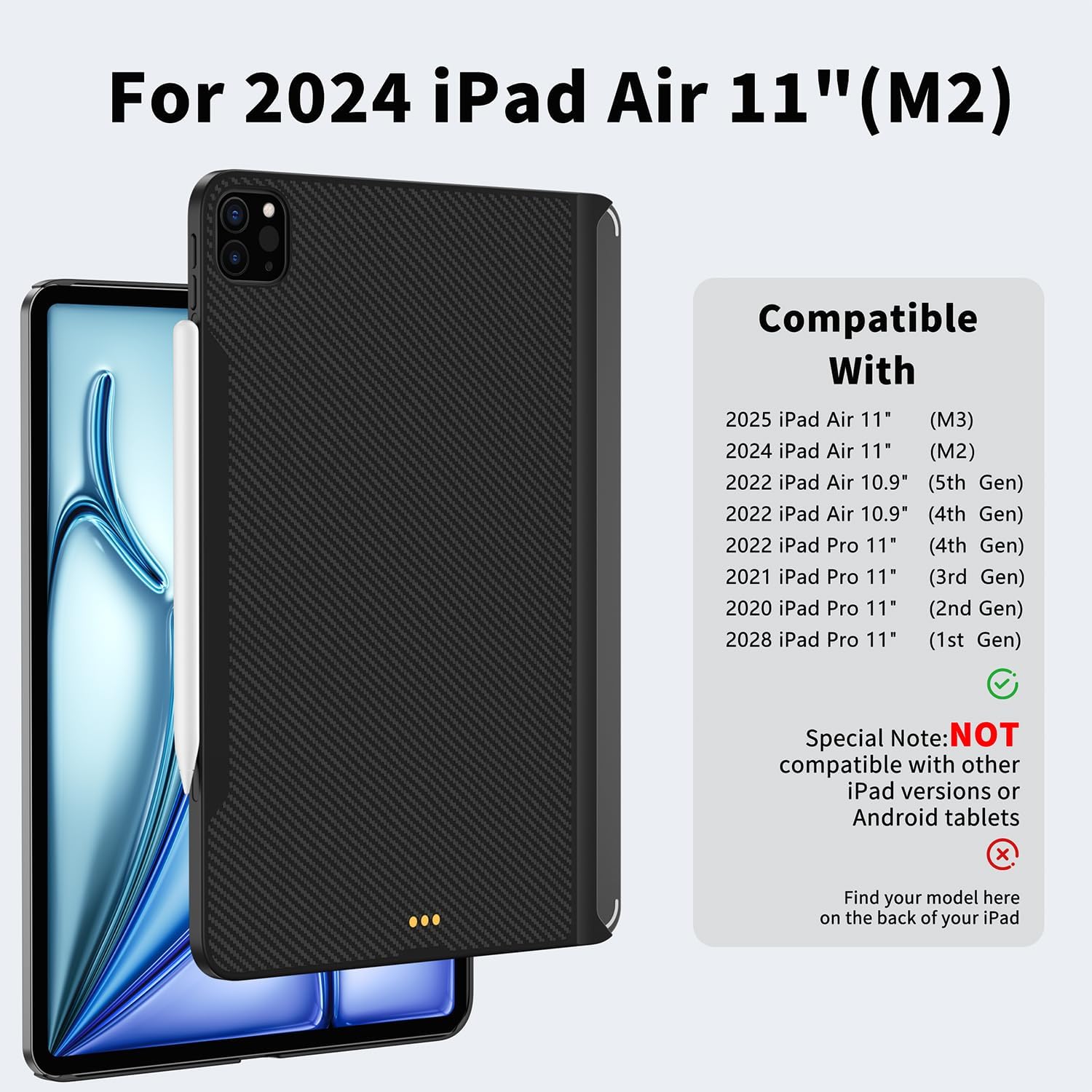 Slim Magnetic Case for iPad Pro/iPad Air 11-inch (M2/M3), Ultra Thin Lightweight Carbon Fiber Texture Cover, Compatible with Magic Keyboard and Supports Apple Pencil 2 Wireless Charging