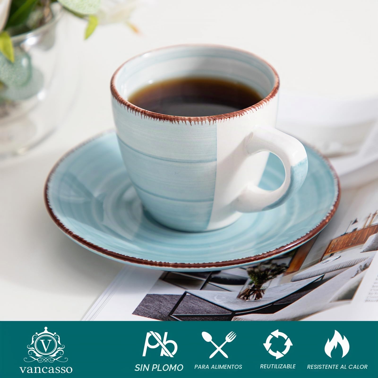 vancasso Cuenco de Cerámica, Juego de Tazas vancasso BONITA 12 piezas, Tazas de Espresso, Servicio de Café para 6 personas, Juego de Tazas, platillos, Estilo Arcoíris …