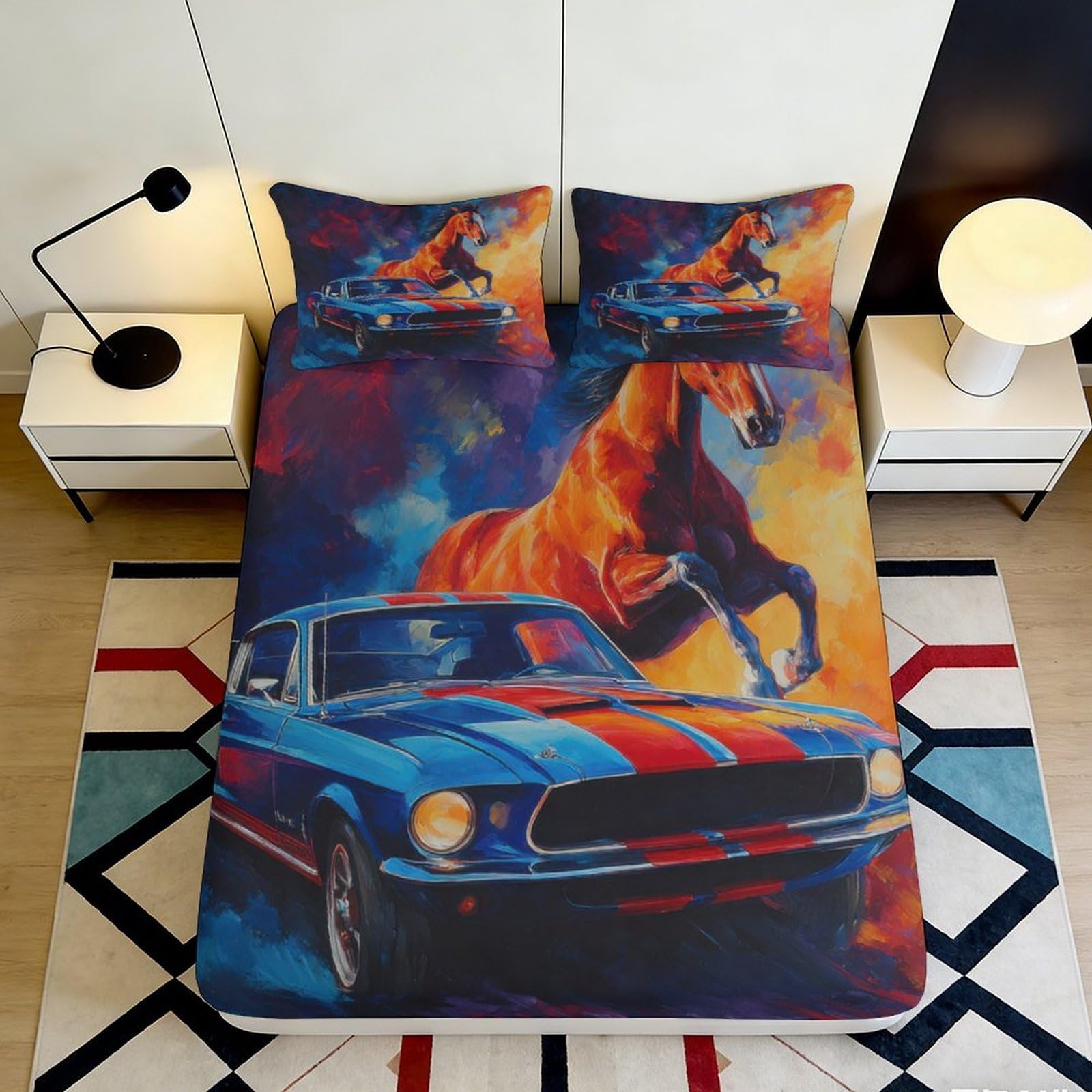 3D Printed Wild Horse Fitted Sheet Microfiber Retro Car Mattress Cover for Bedroom Dorm Machine Washable Decor 160x200x25cm
