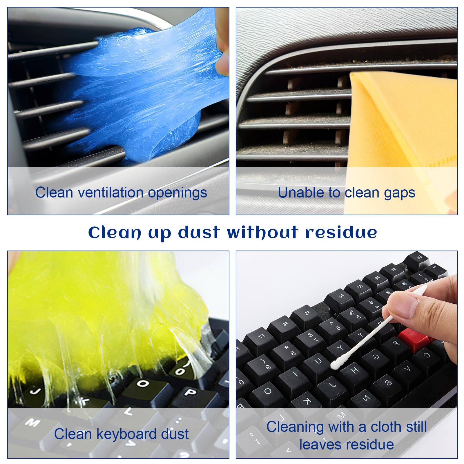 dellyy Gel Pulizia Auto, 4 Pezzi Gel Pulizia Tastiera, Giocattoli di Decompressione, Gel Pulizia Auto Interni, Pulizia Tastiera PC Adatto per Computer, Tastiere, Automobili, Prese D'aria, ecc.