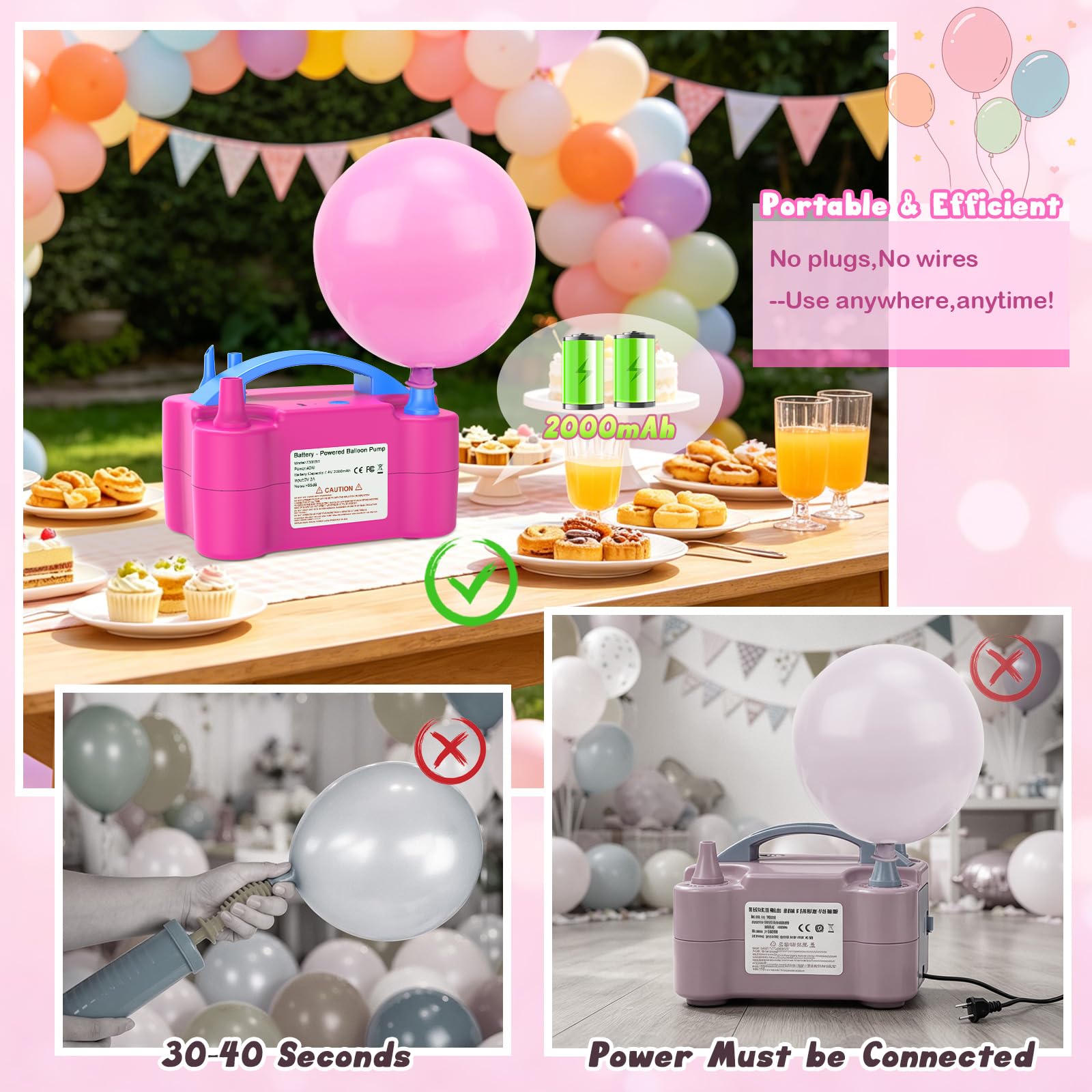 PlusFive Pompa per palloncini a batteria senza fili, tipo C, con 2000 mAh e 3 ugelli per palloncini, gonfiare ed evacuare
