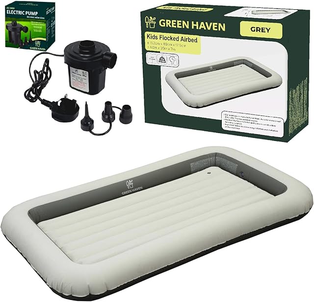 Green Haven Blow Up Kids Single Airbed + AC Electric Air Pump Waterproof Kids Camping Bed | Easy to Inflate Toddler Camping Bed | Lightweight Quick Inflatable Travel Bed for Kids | Kids Blow Up Bed
