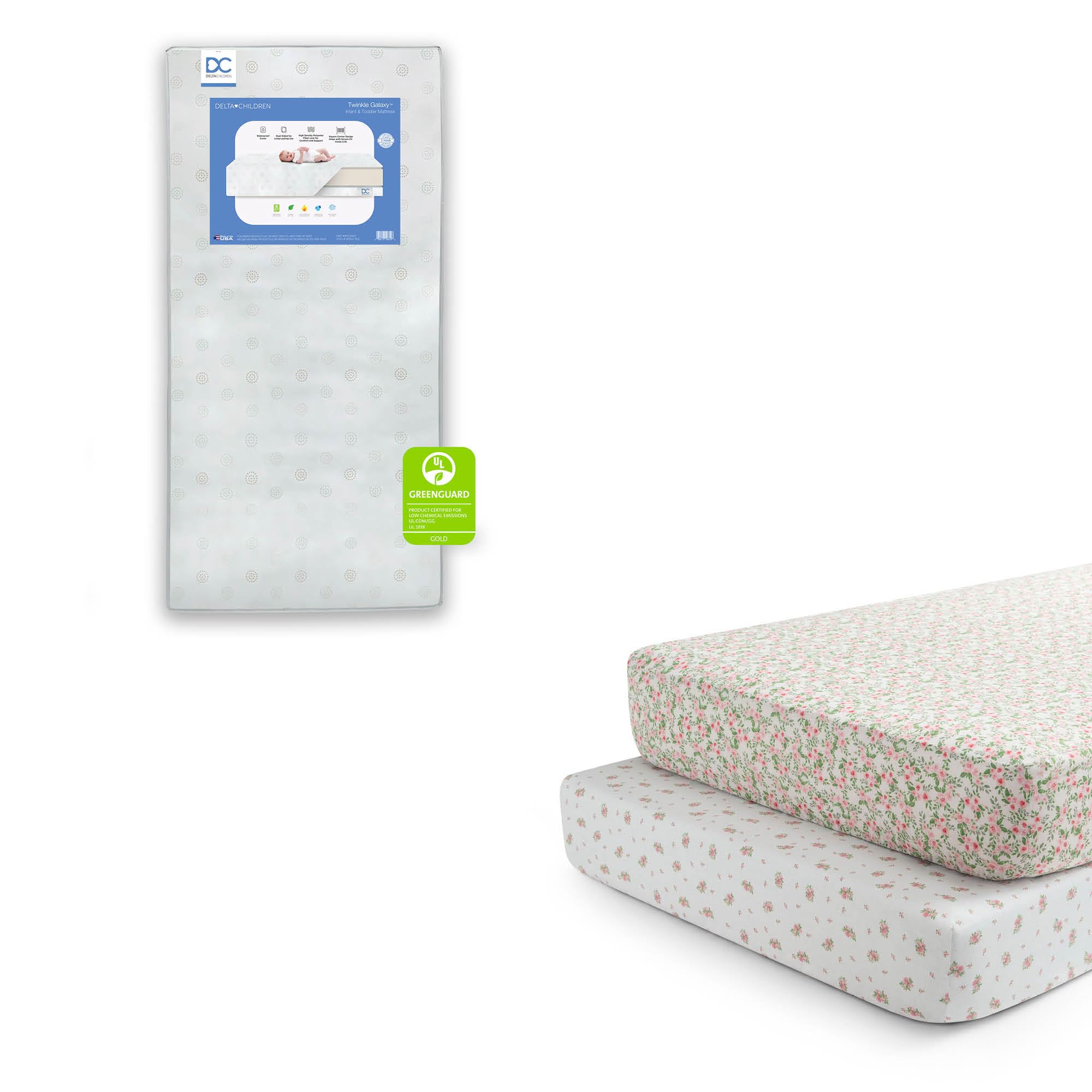 Delta Children Twinkle Galaxy Dual Sided Recycled Fiber Core Crib and Toddler Mattress Fitted Crib Sheets for Girls and Boys (Pack of 2), Pink Floral (Bundle)