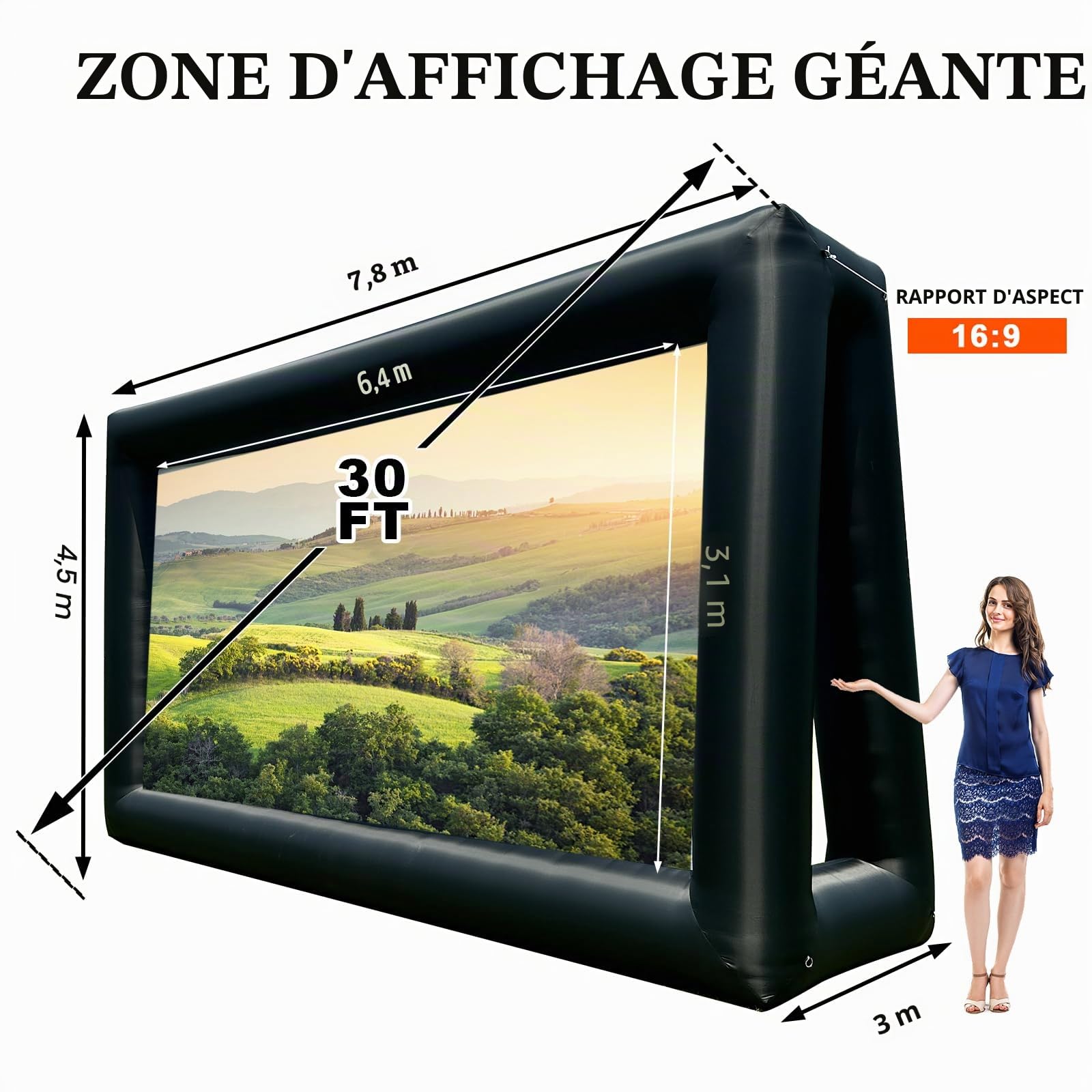 Écran gonflable PPXIA pour extérieur de 9,1 m avec souffleur d'air, écran de projection extra grand gonflable pour soirées cinéma en extérieur, jardins, piscines, barbecues, fêtes, compatible