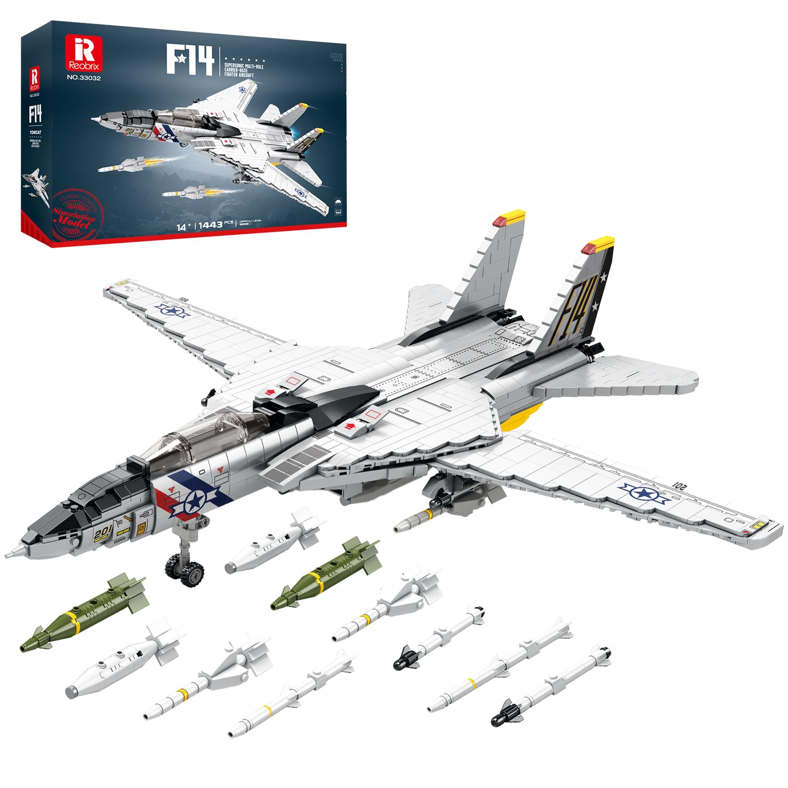 Reobrix F-14 Fighter Jet Building Set, Fighter Airplane Model Kit 33032 with Movable Wings, Military Plane Model Kit for Adults, Military Toys Ideal