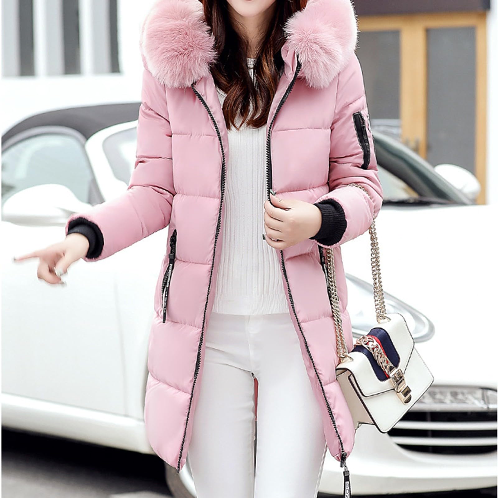 Wintermantel Damen Lang Daunenmantel Warm Steppmantel Einfarbig Winterjacke Mit Taschen Damenmantel Gefüttert Daunenjacke Mit Reissverschluss Steppjacke Elegant Puffer Jacke Winddicht Casual