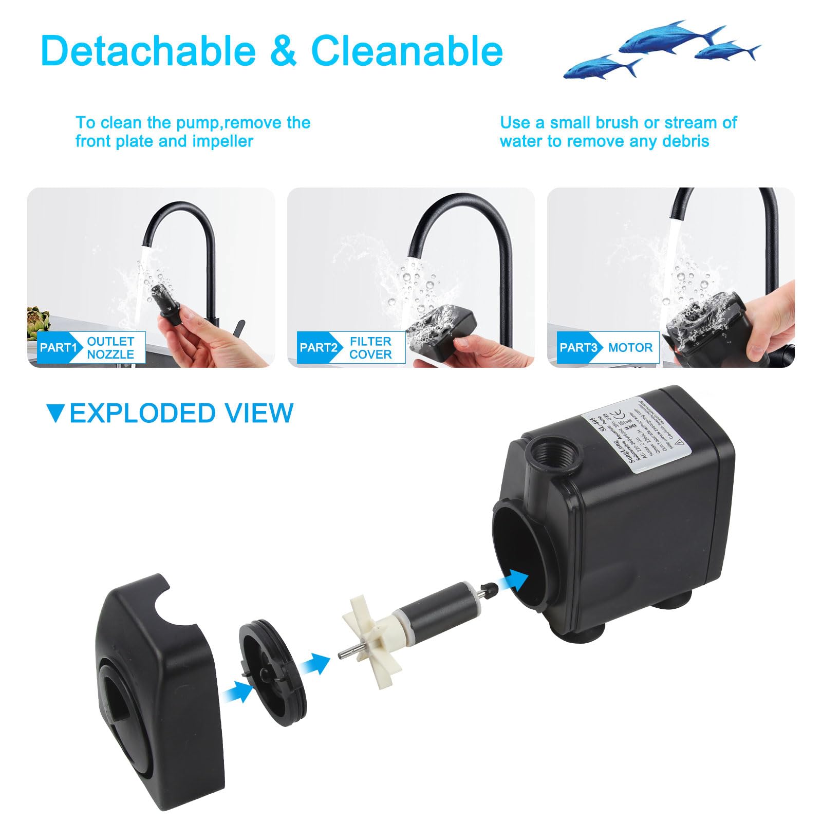 Discoball Submersible Water Pump 45W 2000L/H Ultra-Quiet Mini Fountain Water Pump with 2 Nozzles Replacement Pump for Pet Fountain Aquarium Fish Tank Pool Garden Features Statuary Hydroponics - Image 4
