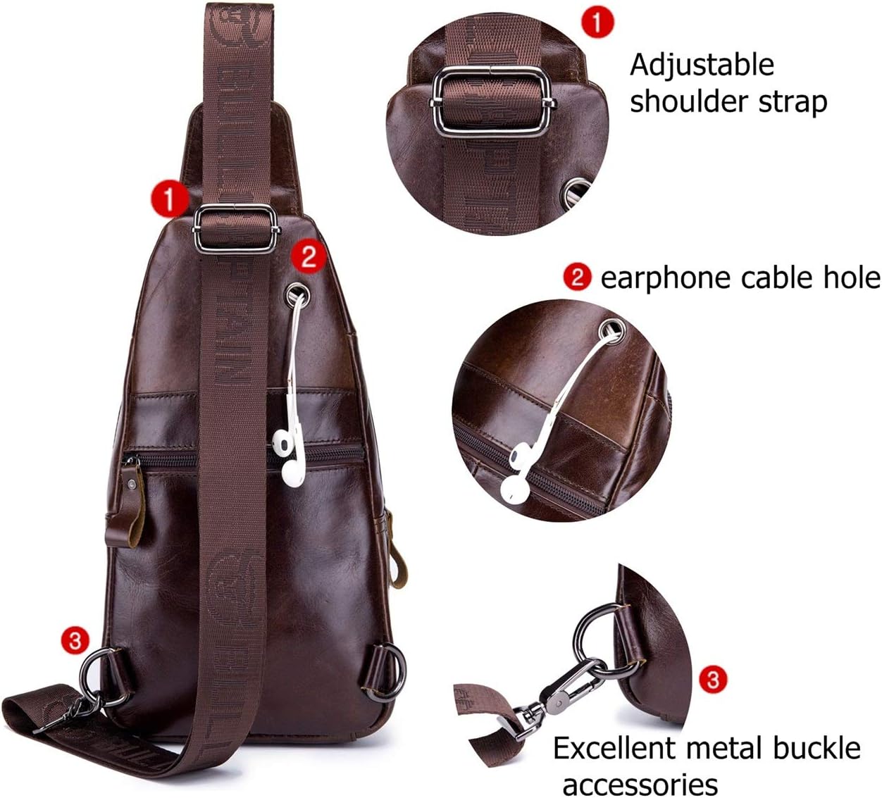 BULLCAPTAIN Genuine Leather Men Sling Bag Travel Crossbody Chest Bag Large Capacity Casual Hiking Daypack - Image 4
