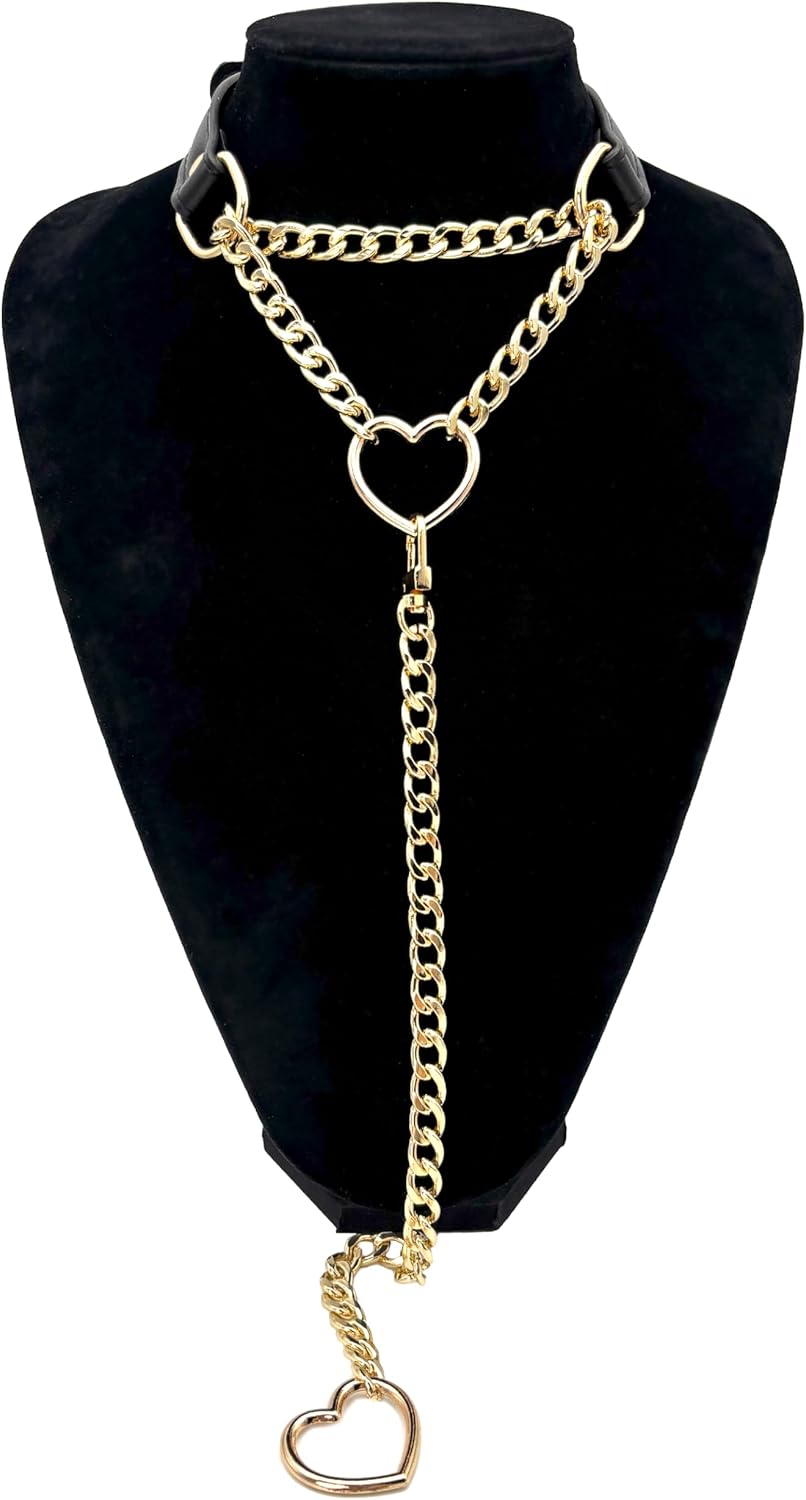 Heart O-Ring Slip Chain Choker Collar Necklace for Women, Adjustable Vegan Leather Punk Necklace with Swivel Clasp & Heart Charm - Image 2