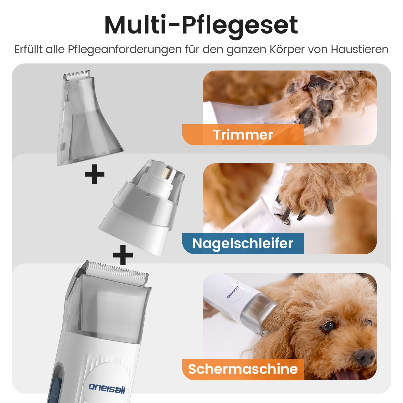 oneisall Hundeschermaschine mit Staubsauger, Super Saugkraft mit 12000 Pa Saugt 99.99% der Tierhaare, Leise Schermaschine Hund Katze Hundehaarschneidemaschine mit 7 Pflegewerkzeugen