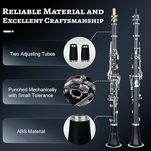 Miniatura 2 de Bb Flat - Juego de instrumentos de clarinete  17 teclas niqueladas, clarinete negro para principiantes, para estudiantes, banda escolar, orquesta