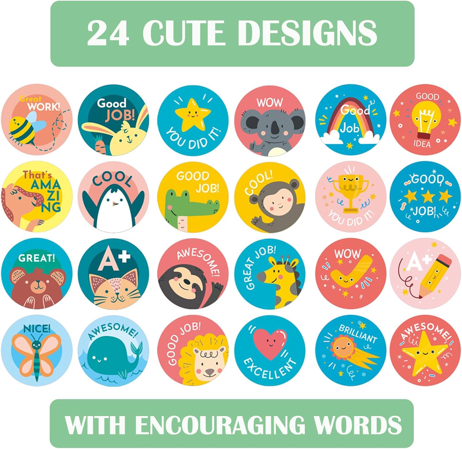 1500PCS Teacher Stickers, 3 Rolls Classroom Motivational Potty Training Stickers for Kids Students Reward School Supplies Teacher Must Haves-24 Cute Designs, 1 inch image 3