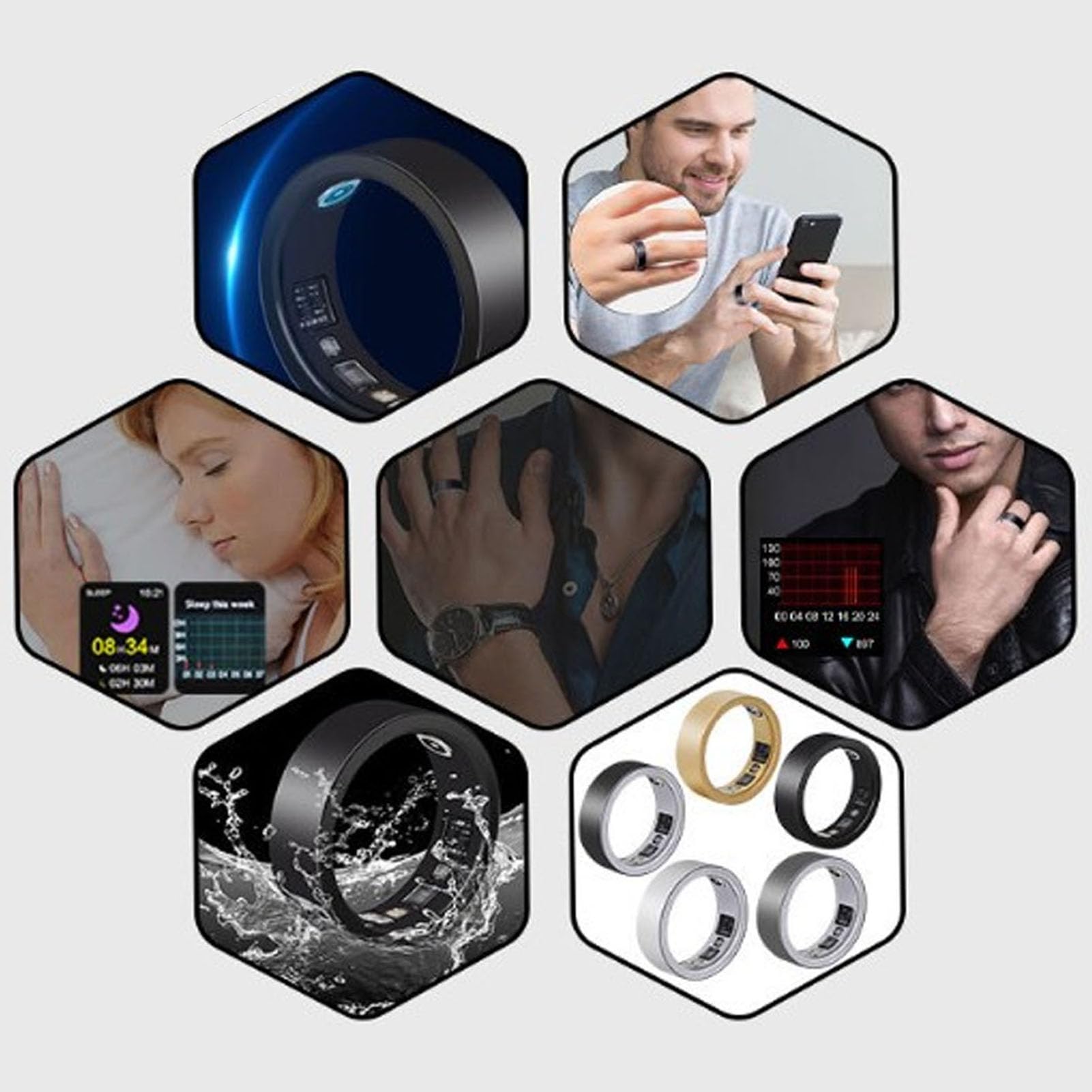 Anello Intelligente per Il Monitoraggio della Salute, Contapassi, Monitoraggio Dell'Anello del Sonno con Pressione Sanguigna, Rilevamento della Temperatura Corporea, Anello (20)