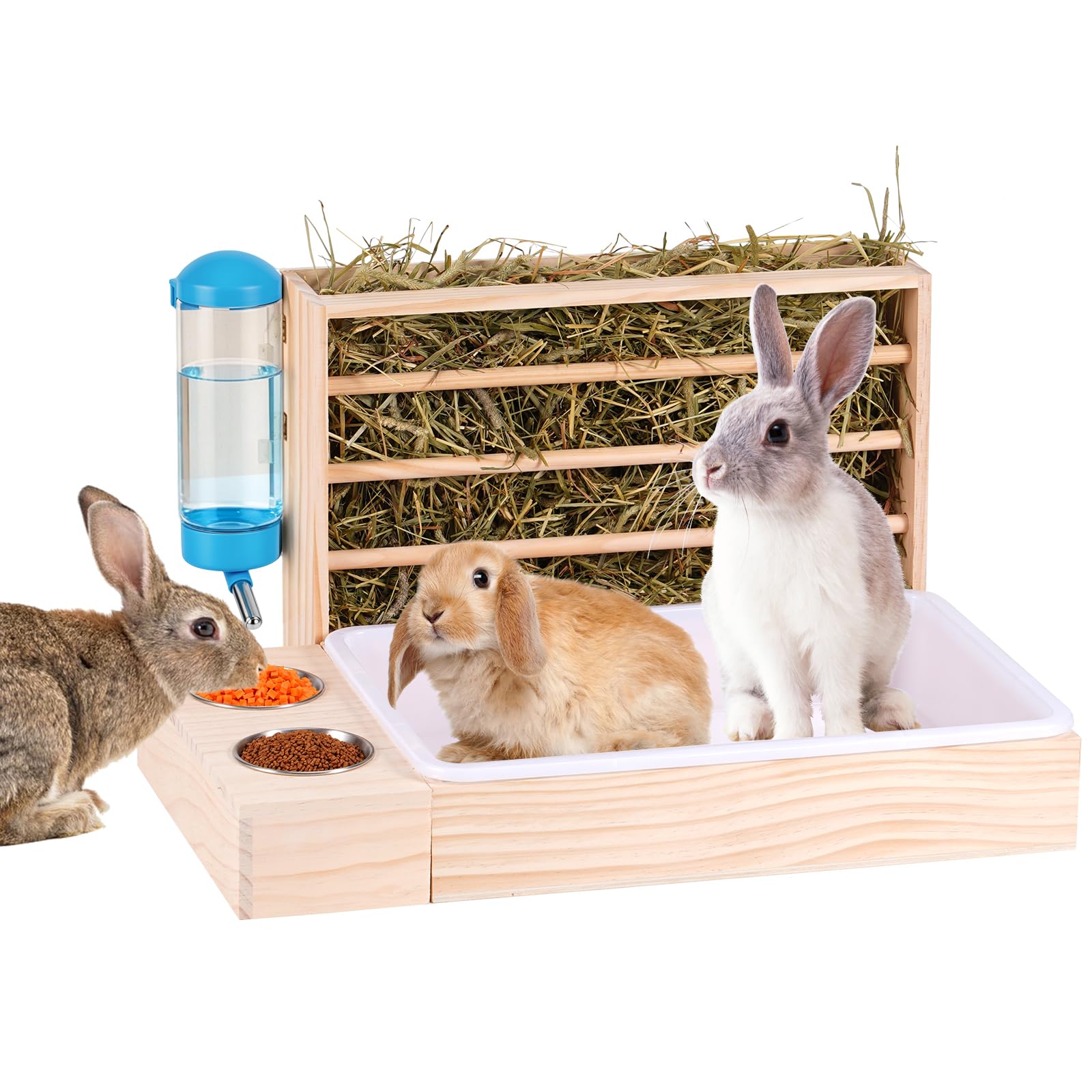 4 in 1 Großer Kaninchen Heu Feeder mit Katzentoilette Holz Futterautomat aus Holz mit 2 Näpfen Hase Toilette für Kaninchen Meerschweinchen Chinchilla Hase Andere Kleintiere