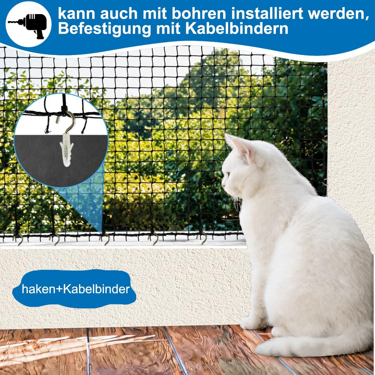 Katzennetz Für Balkon 10x3m,Katzennetz Drahtverstärkt Schwarz,Mit Montagezubehör, Uv-Beständig Langlebig, Für Balkon, Fenster, Zaun Geeignet(10x3m