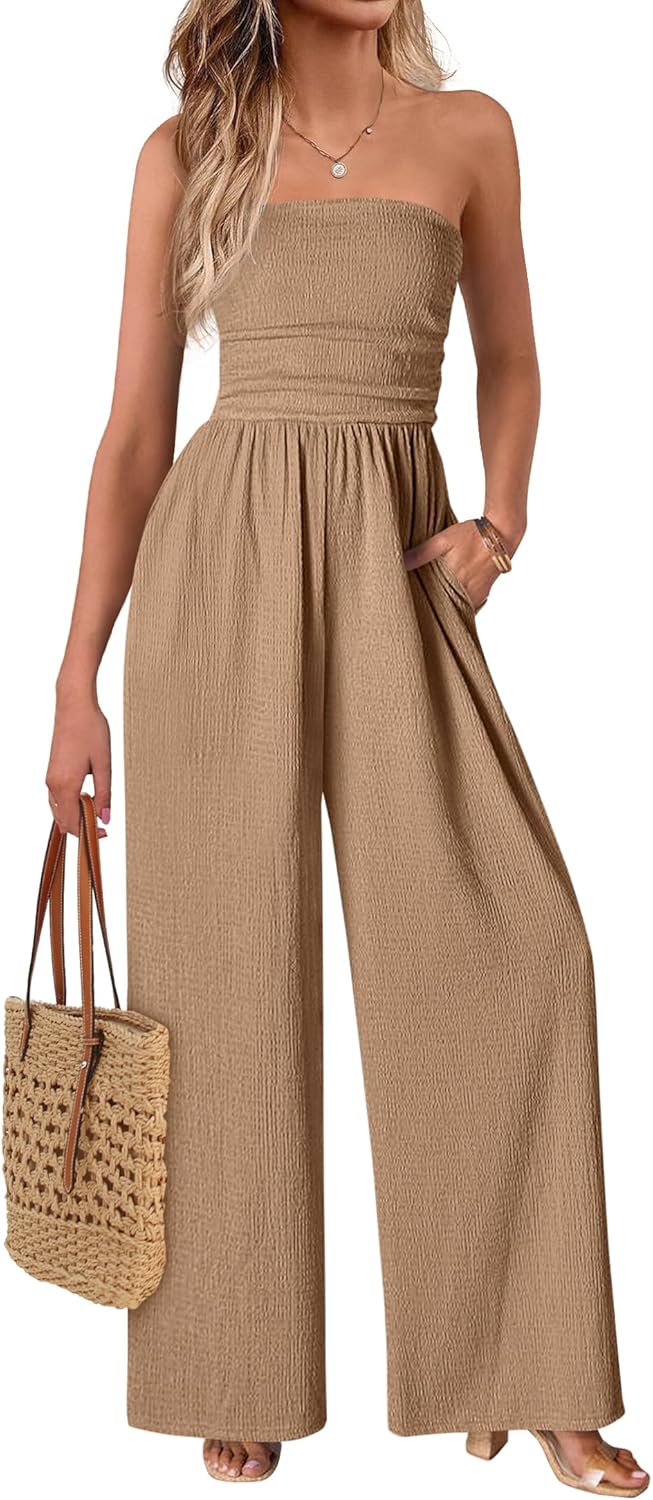MASCOMODA One Piece Jumpsuits for Women Strapless Smocked Casual Rompers Long Pants with Pockets Vacation Summer Outfits