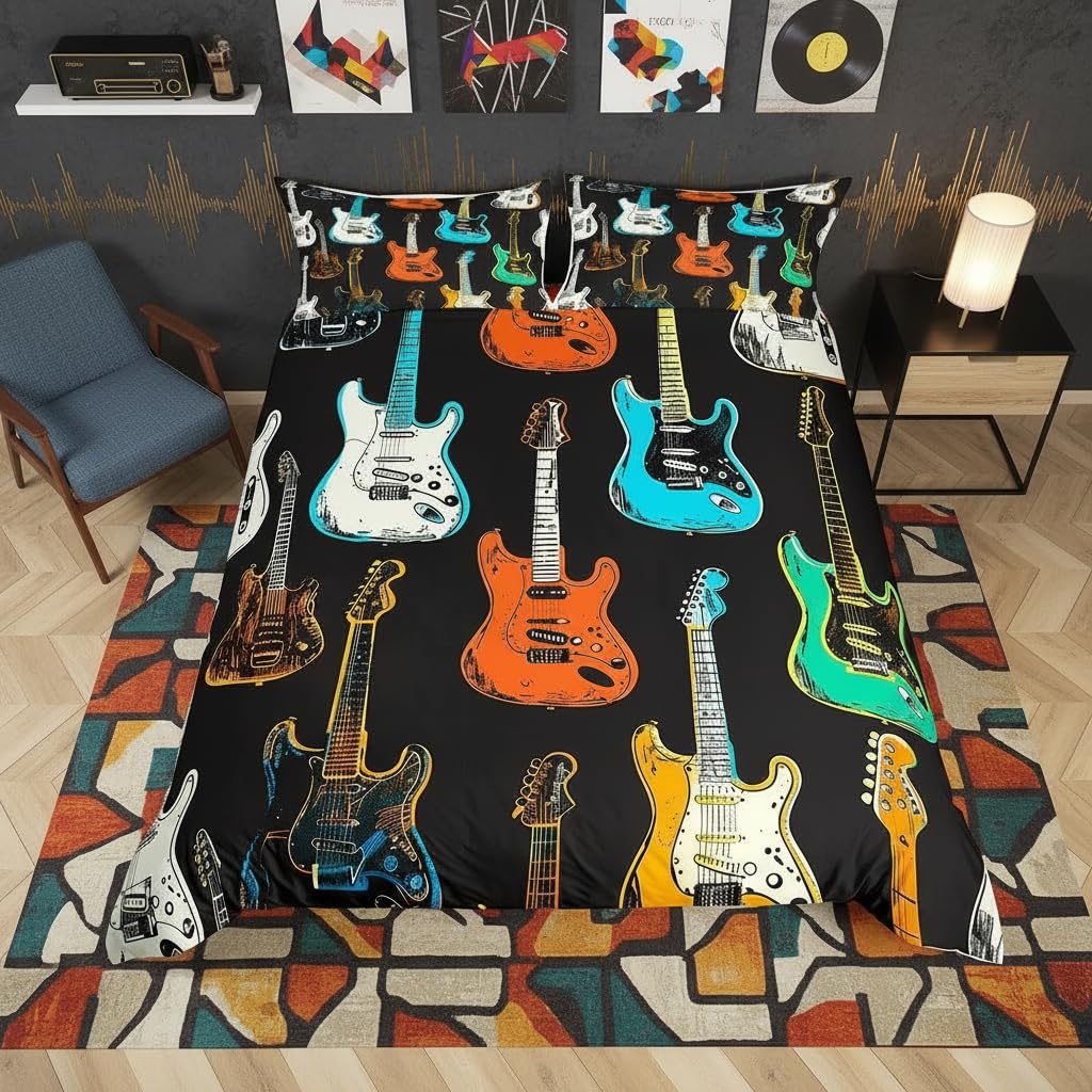 Chambre thème guitare électrique avec la parure de lit rock aquarelle S