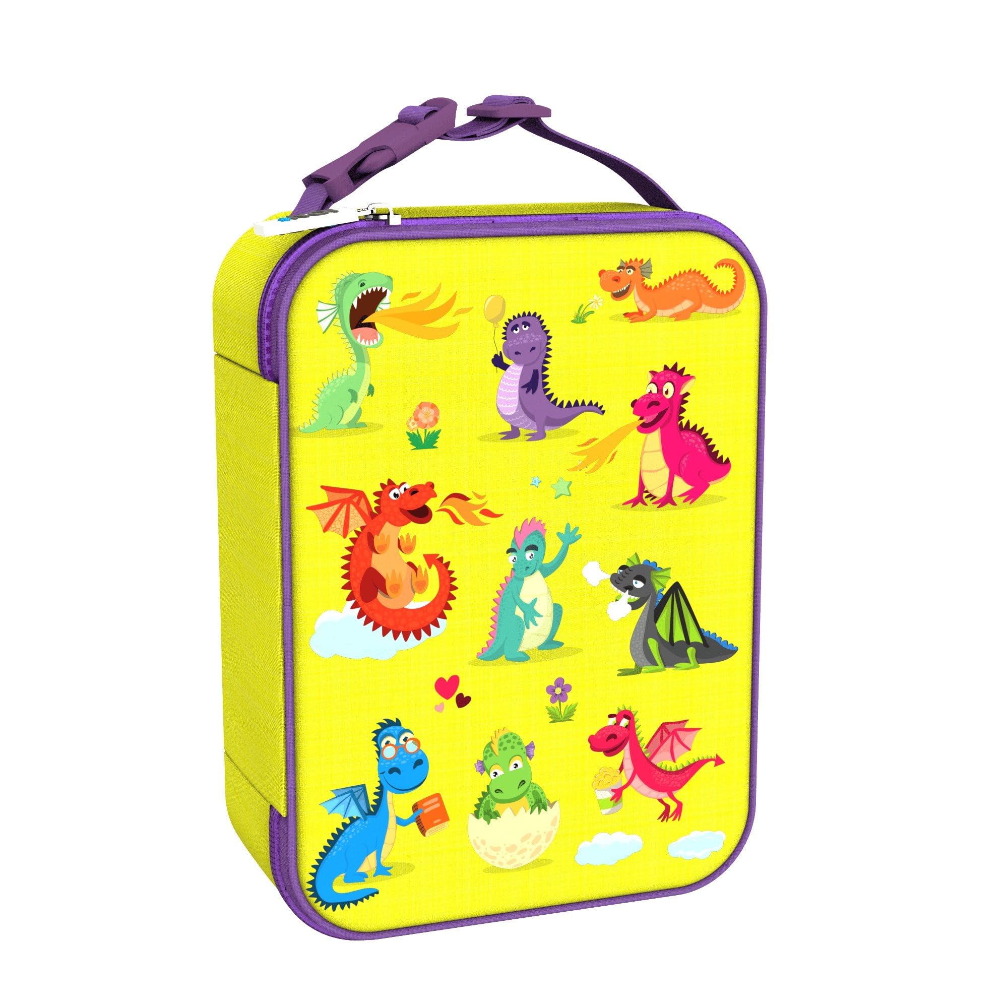 Ion8 Dragons Design Lunch Bag, Easy Access 3-Sided Zip, Write-On Name Patch, Freshness & Insulation for 6 Hours, Elasticated Mesh Pocket for Bottles, Machine Washable, Polyester Material, Yellow