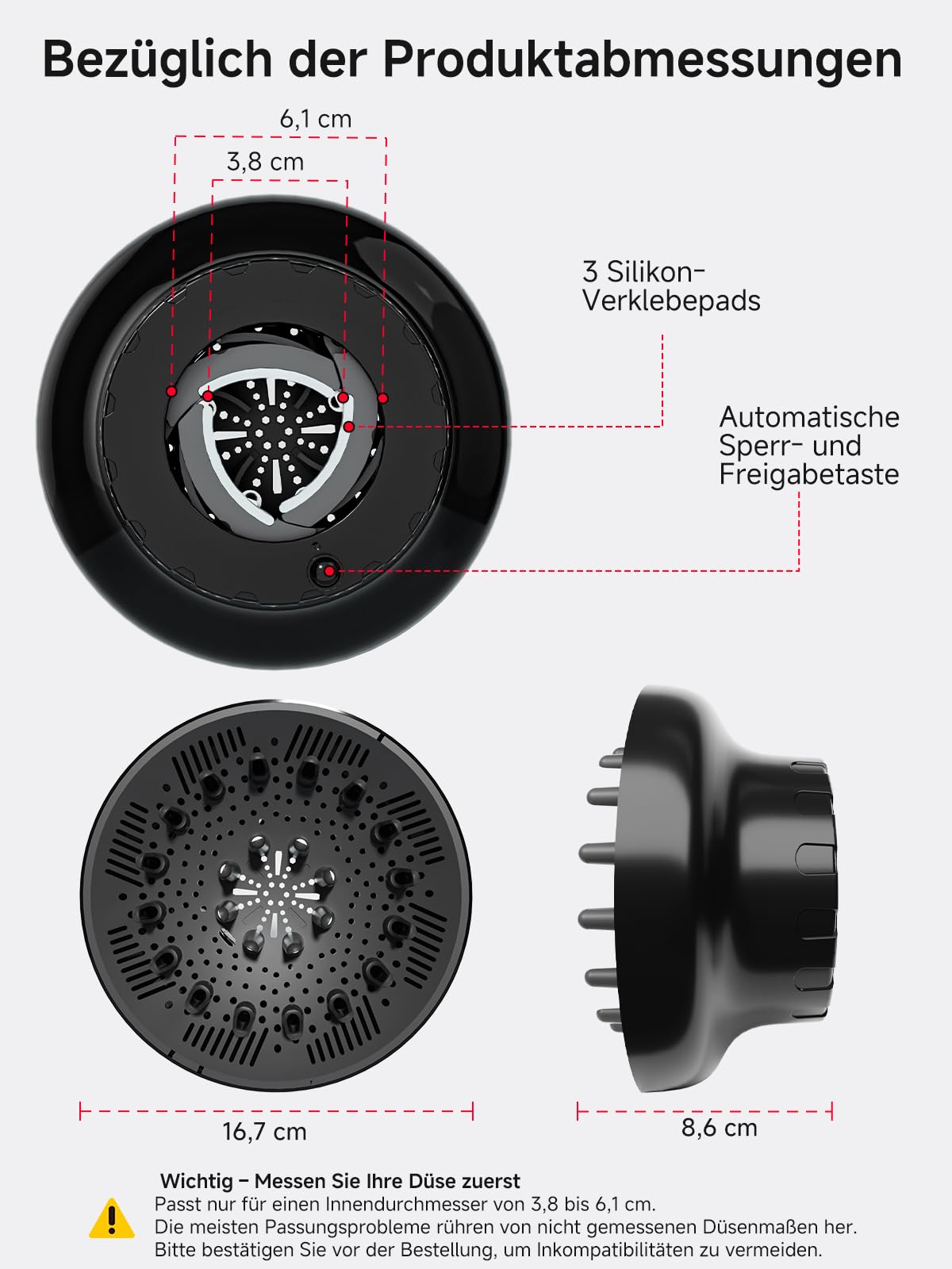 Diffusor Aufsatz Föhn, Diffuser Föhn, Universal Haar Diffusor Anpassungsfähig für Trockner mit Düse D = 3,8-6,1 cm für lockiges oder welliges Haar Styling Maximales Volumen ohne Frizz, Schwarz