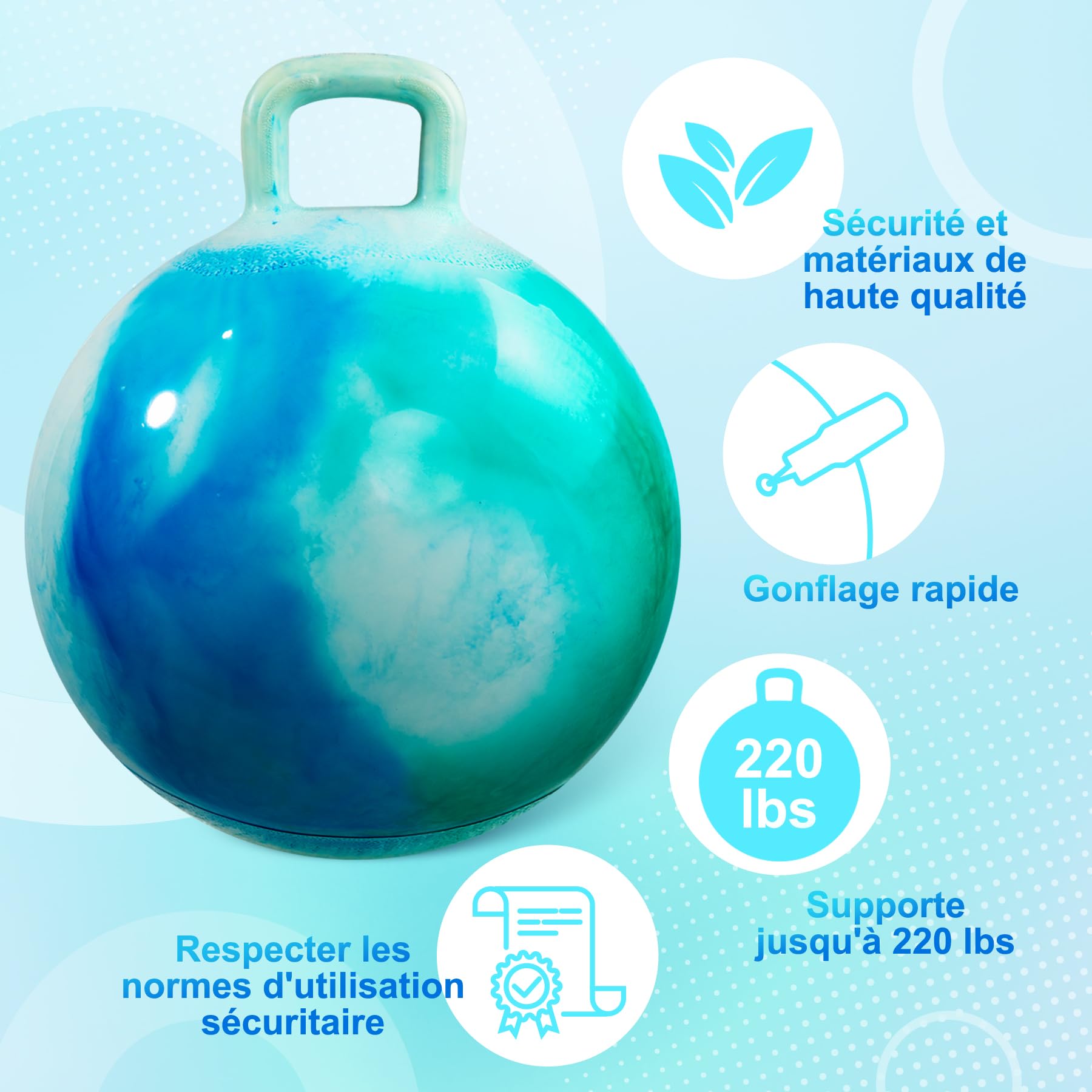 INPODAK Space Hopper, Balle Sauteuse de 45cm, Balle Sauteuse pour Enfants de 3 à 6 Ans, Balle Rebondissante avec poignée, Jouet Sauteur pour Enfants de 3, 4, 5 et 6 Ans(Nuages Bleus)