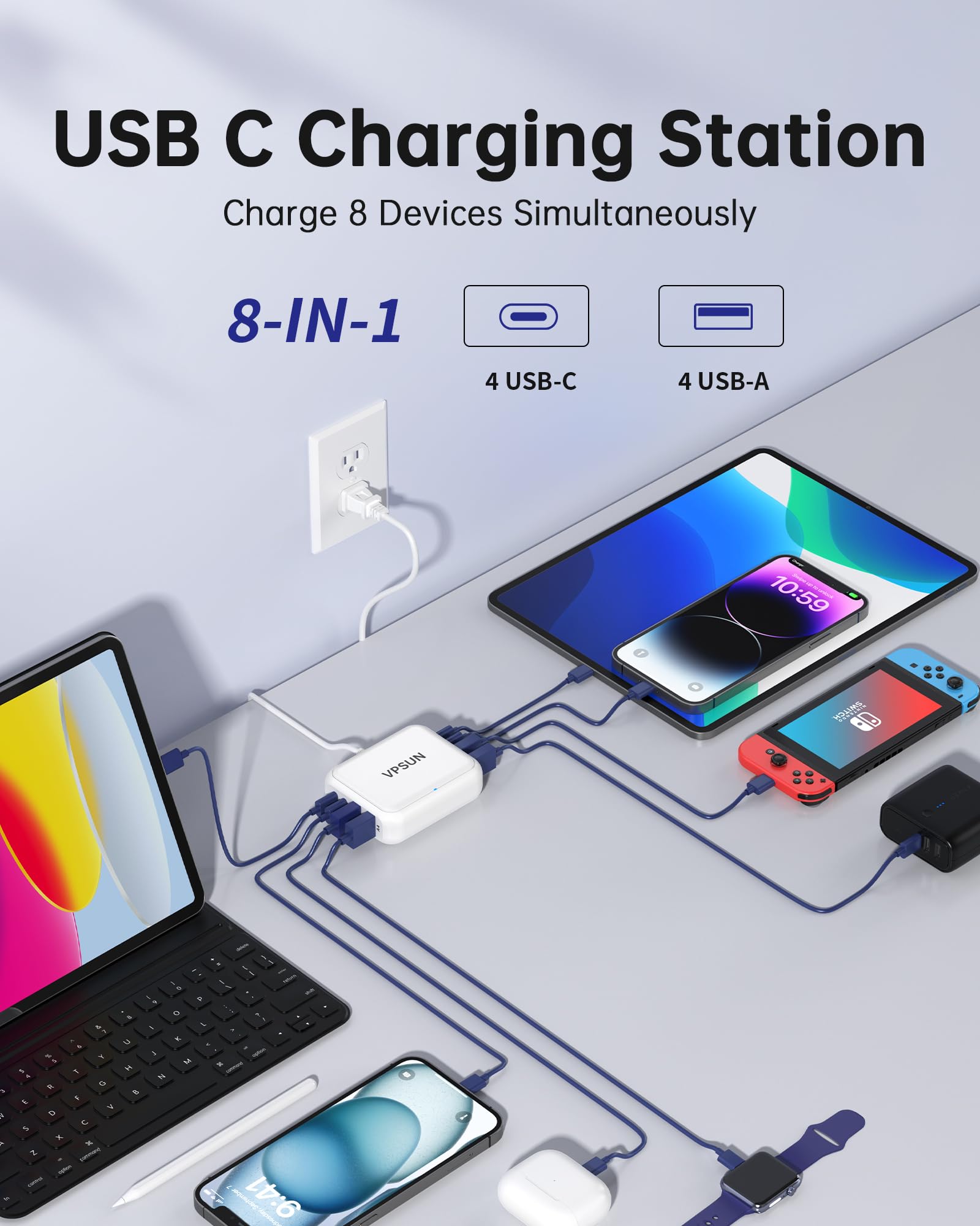 VPSUN USB C Charger 8 Port Block, Fast Charging Station for Multiple Devices,Multiport USB Charging Hub for iPhone,Samsung,Switch,Fan,Speaker,lamp,etc.