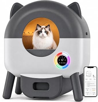 Self Cleaning Cat Litter Tray, 89L Automatic Cat Litter Tray with Odor Control & APP Control, 15-Day Scoop-Free, 8 Safety Sensor, Anti-Pinch, 6 Ambient Lights, Automatic Cat Litter Box, Grey