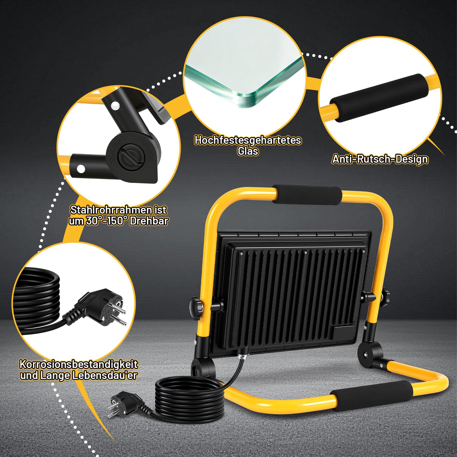Focos LED de construcción, 4 unidades, 100 W, 6500 K, luz blanca fría, 8000 lm, cable de 3 m | IP66 resistente al agua con soporte plegable, luz de trabajo portátil superbrillante para taller, construcción, garaje