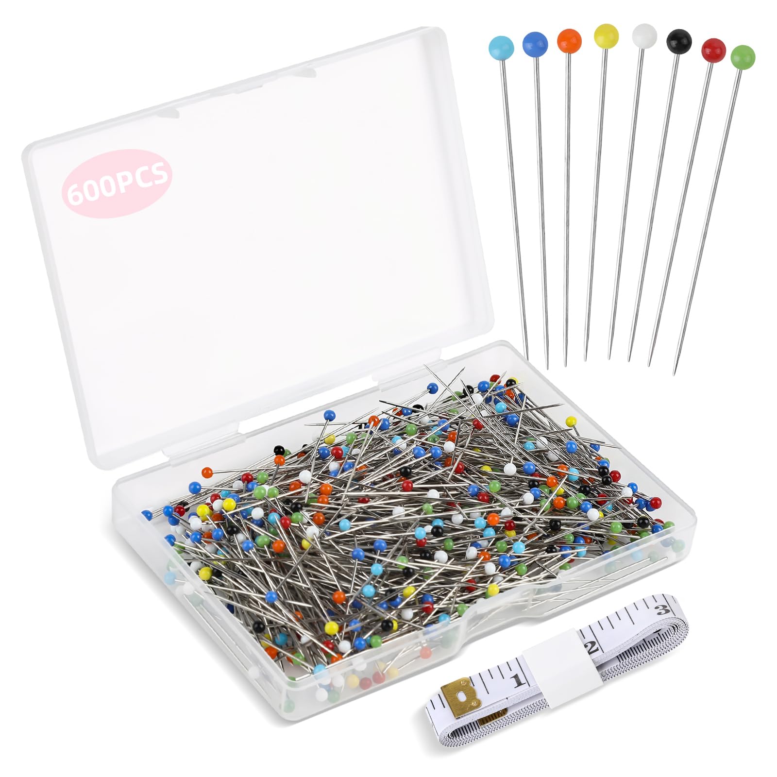 600 Pcs Sewing Pins Dressmaking, 38mm Glass Head Pins with Storage Case and Tape Measure, Sewing Pins Coloured Heads, Dressmaker Pins for Sewing, Tailoring, Quilting
