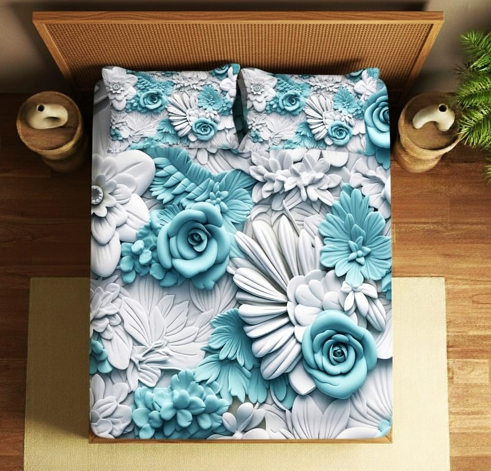 Image of Home Sizzler 7D Azure Rose Soft Microfiber Double Bedsheet with 2 Pillow Covers, 300TC