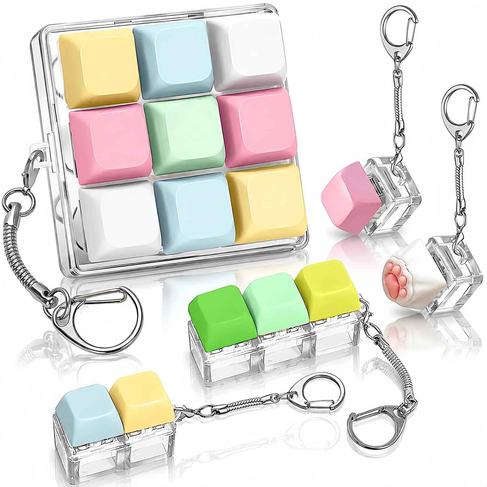 5 Pcs Keyboard Fidget Toy for Adults Kids, Funny Stress Relief Clicker Fidget Keychain with Gift Box, Portable Finger Decompression Keyring for Office School